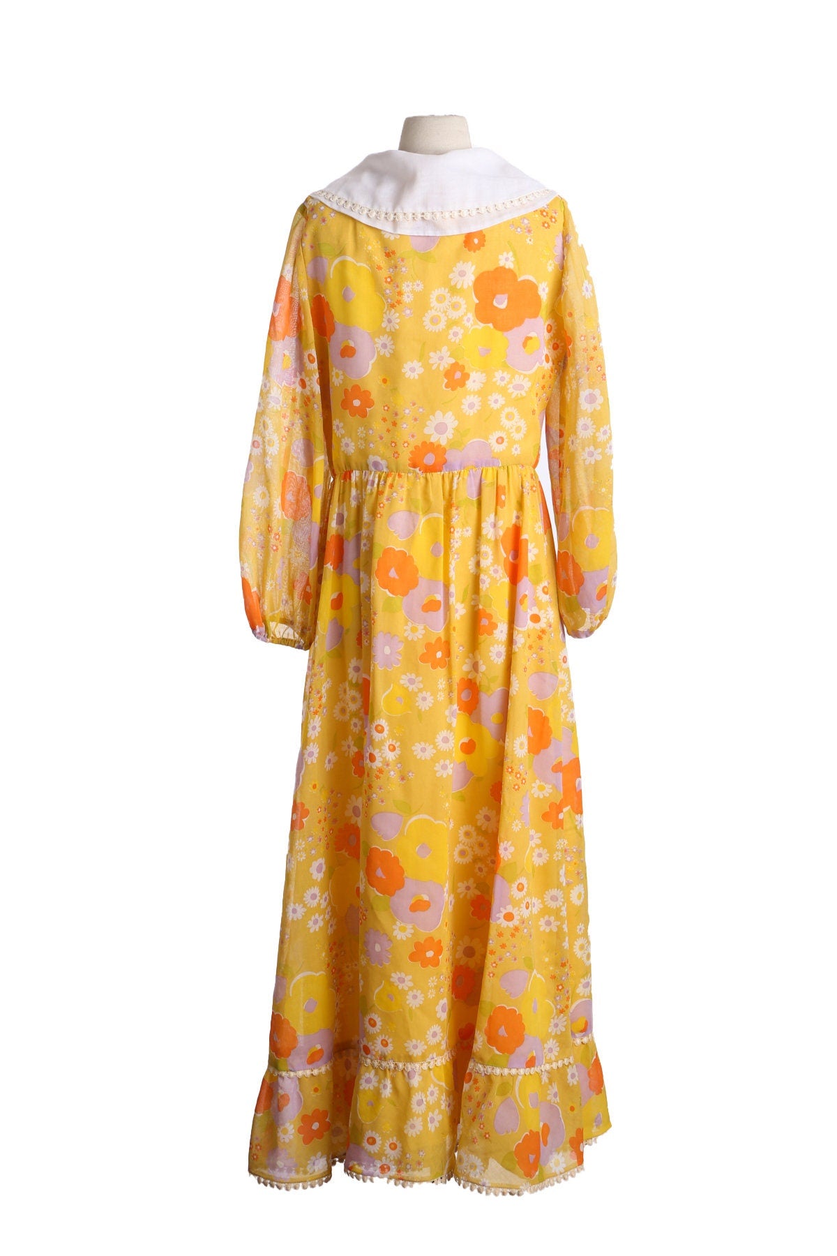 Women 70s Floral Print Yellow Summer Dress