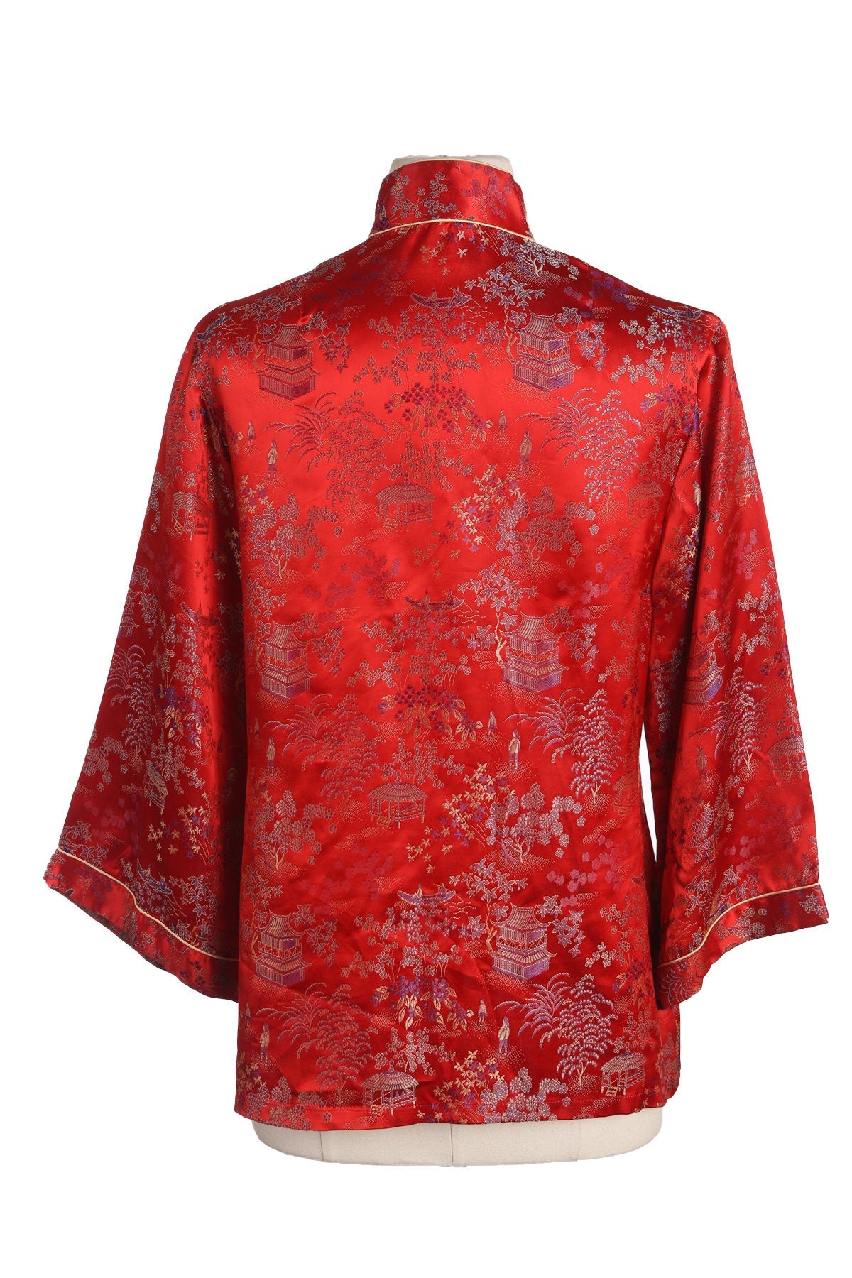 Vintage Cheongsam Jacket - Red Brocade Plant Print