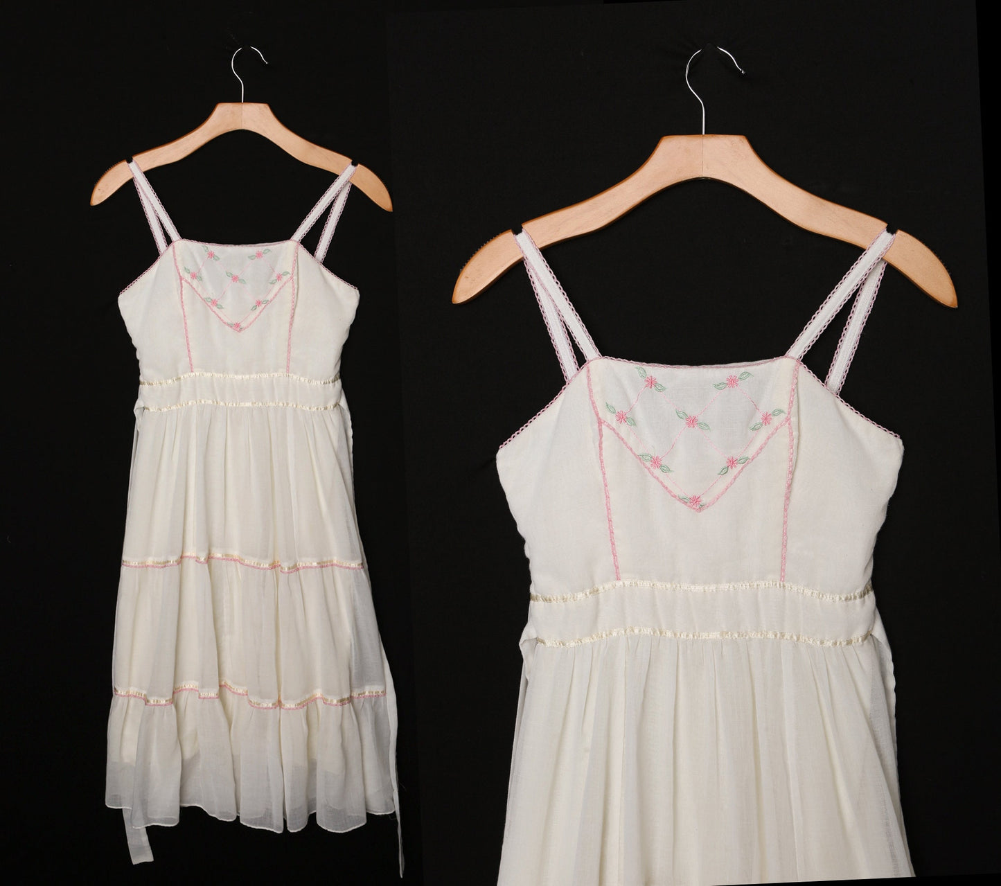 Vintage White 70s Strap Summer Dress with Small Embroidered Flower Details