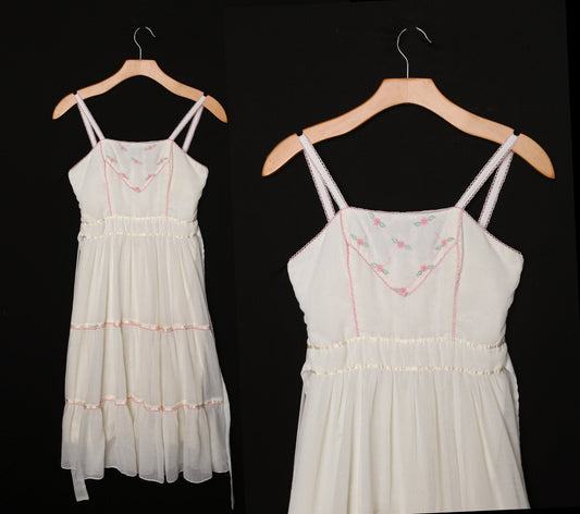 Vintage White 70s Strap Summer Dress with Small Embroidered Flower Details