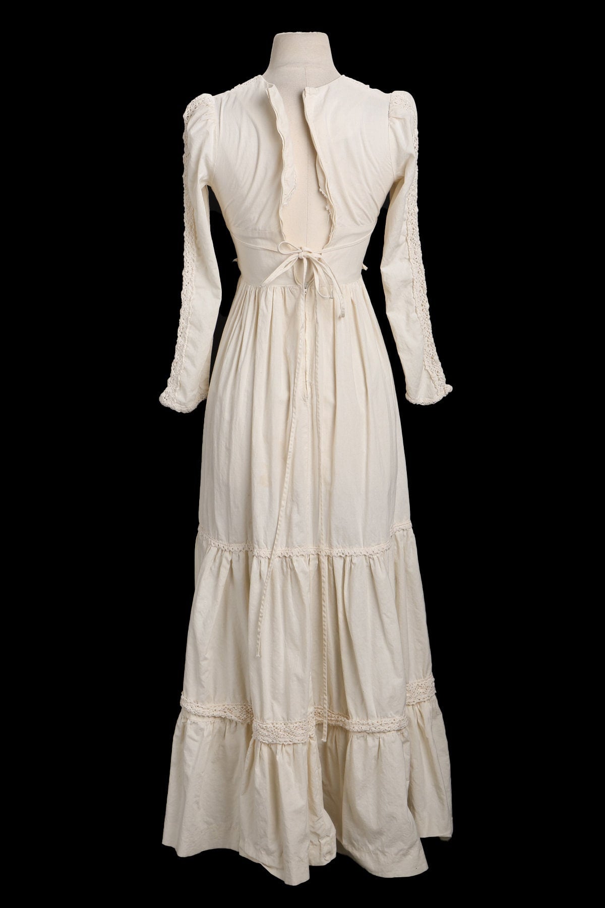 1970s White Long Sleeve Summer Prairie Dress
