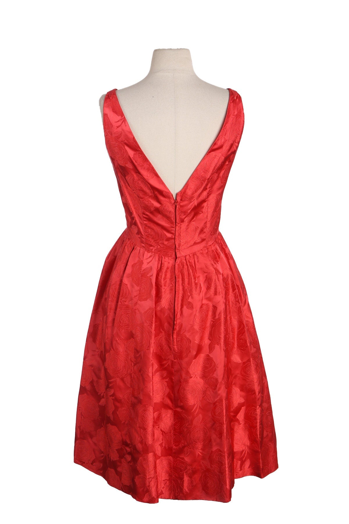 1950s Red Ballgown Dress with Roses Fabric Patter Design