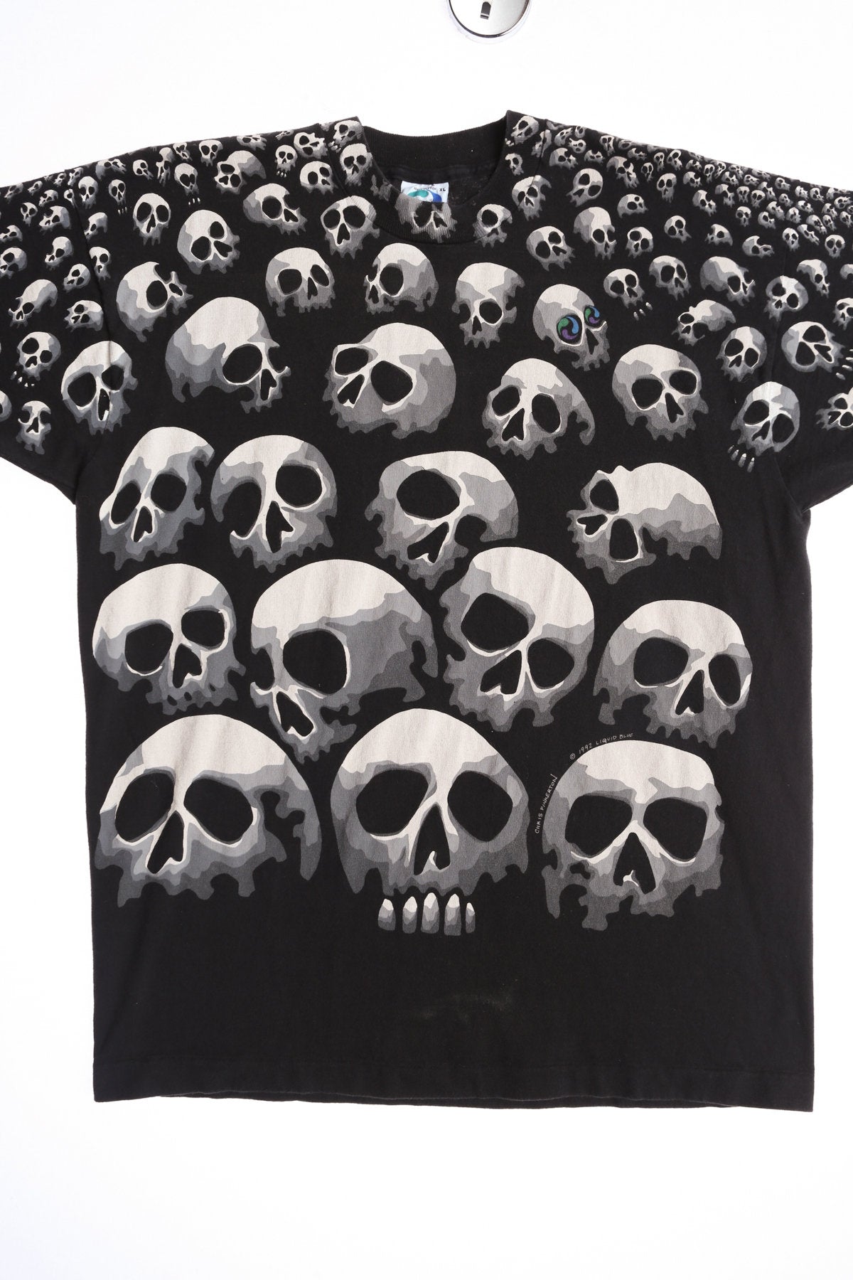 Liquid Blue Skeleton Faces Black Graphic T-shirt