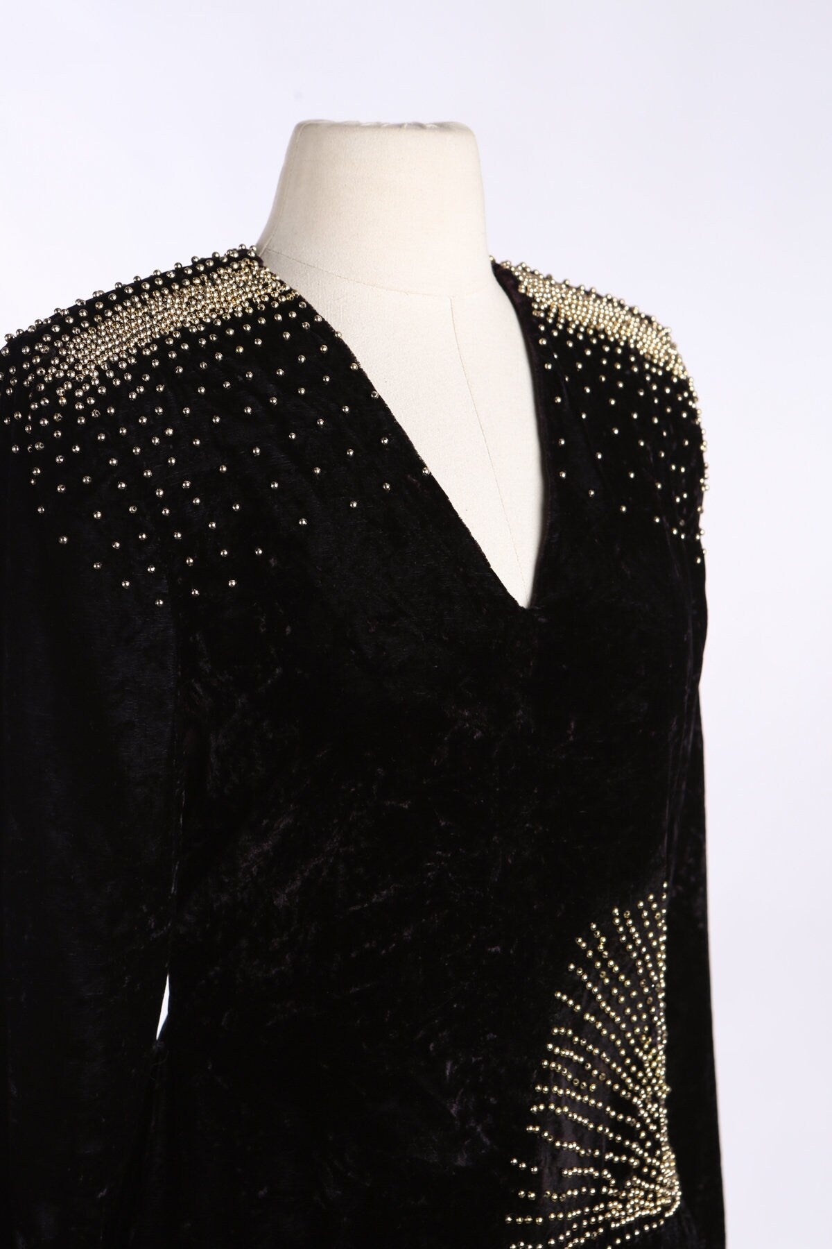 1990s Black Velvet Studded Evening Dress