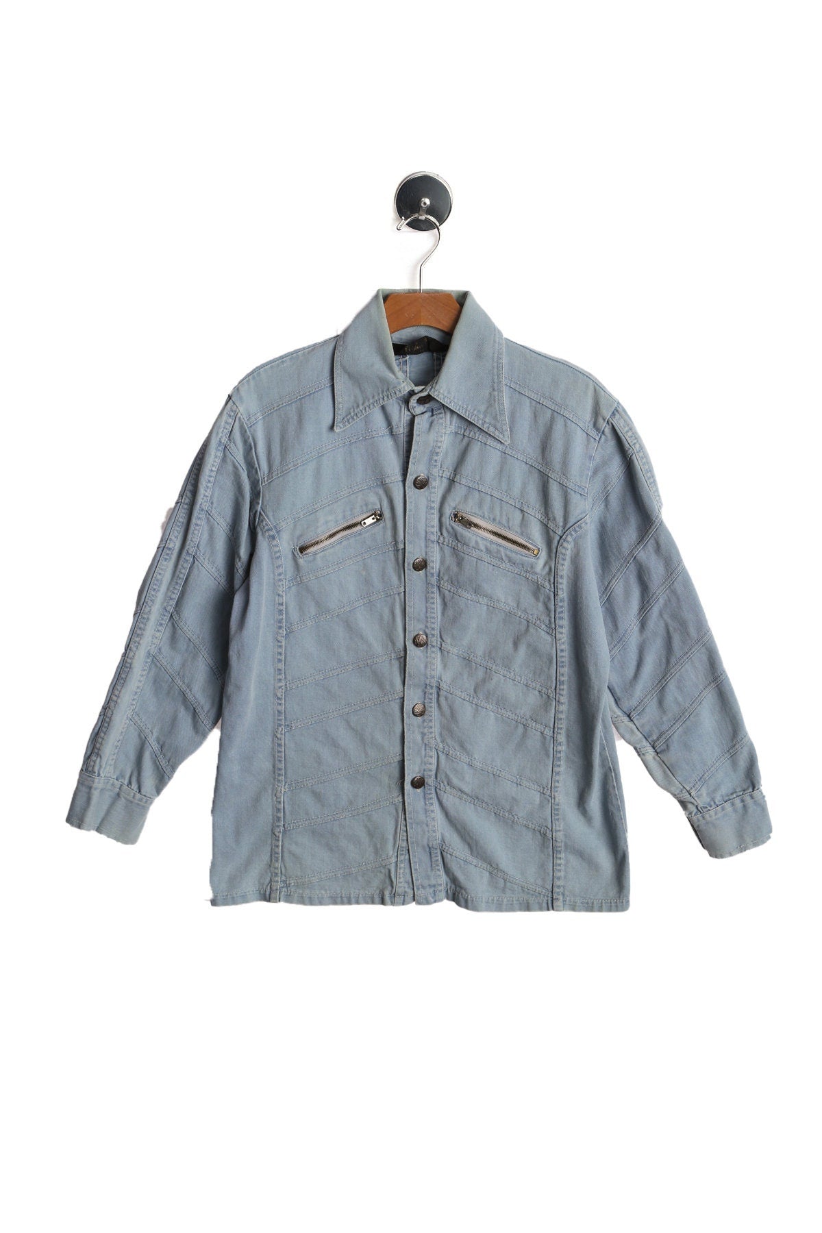 1970s Men Blue Patchwork Shirt