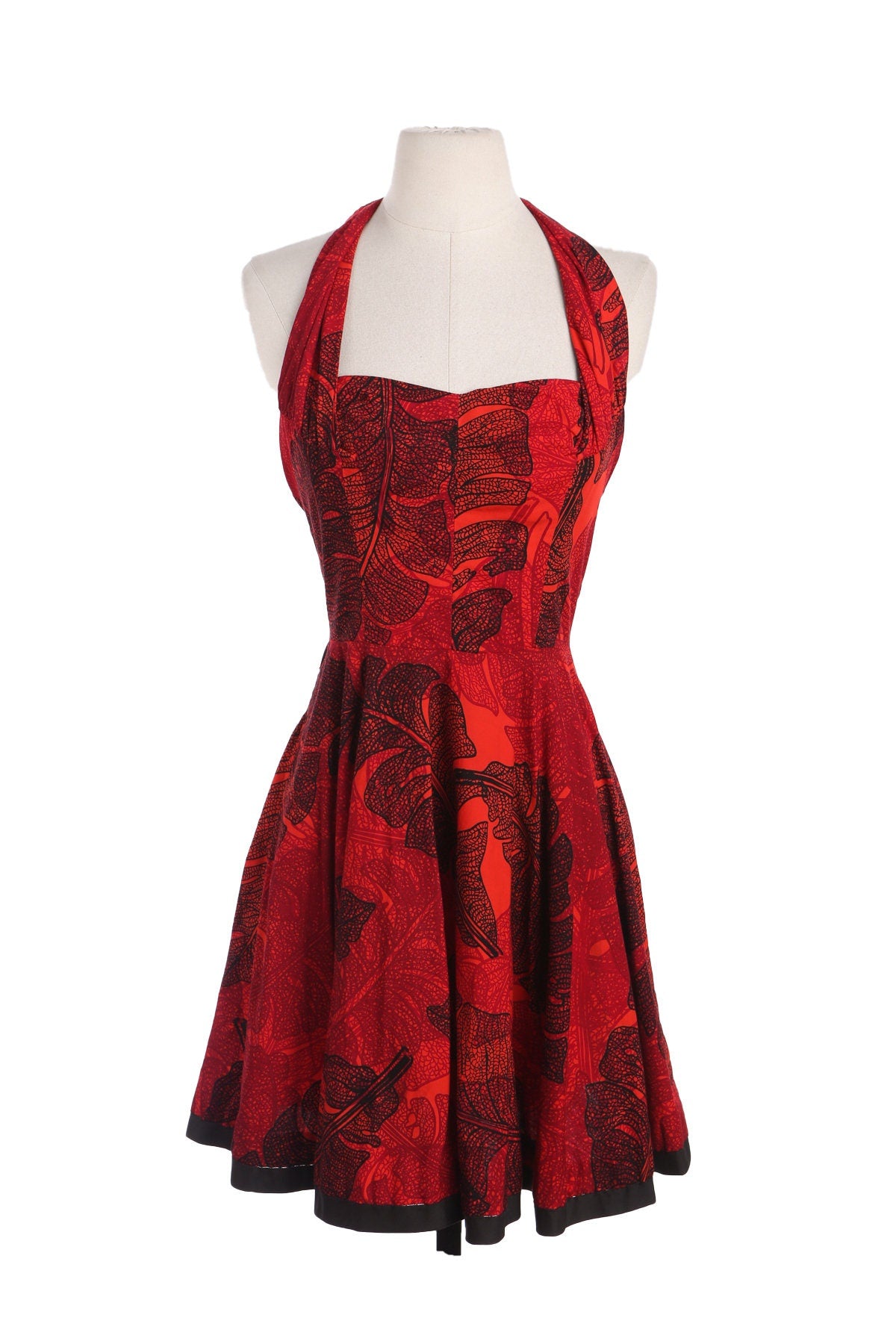 1940s Women Red Hawaiian Print Summer Halter Dress