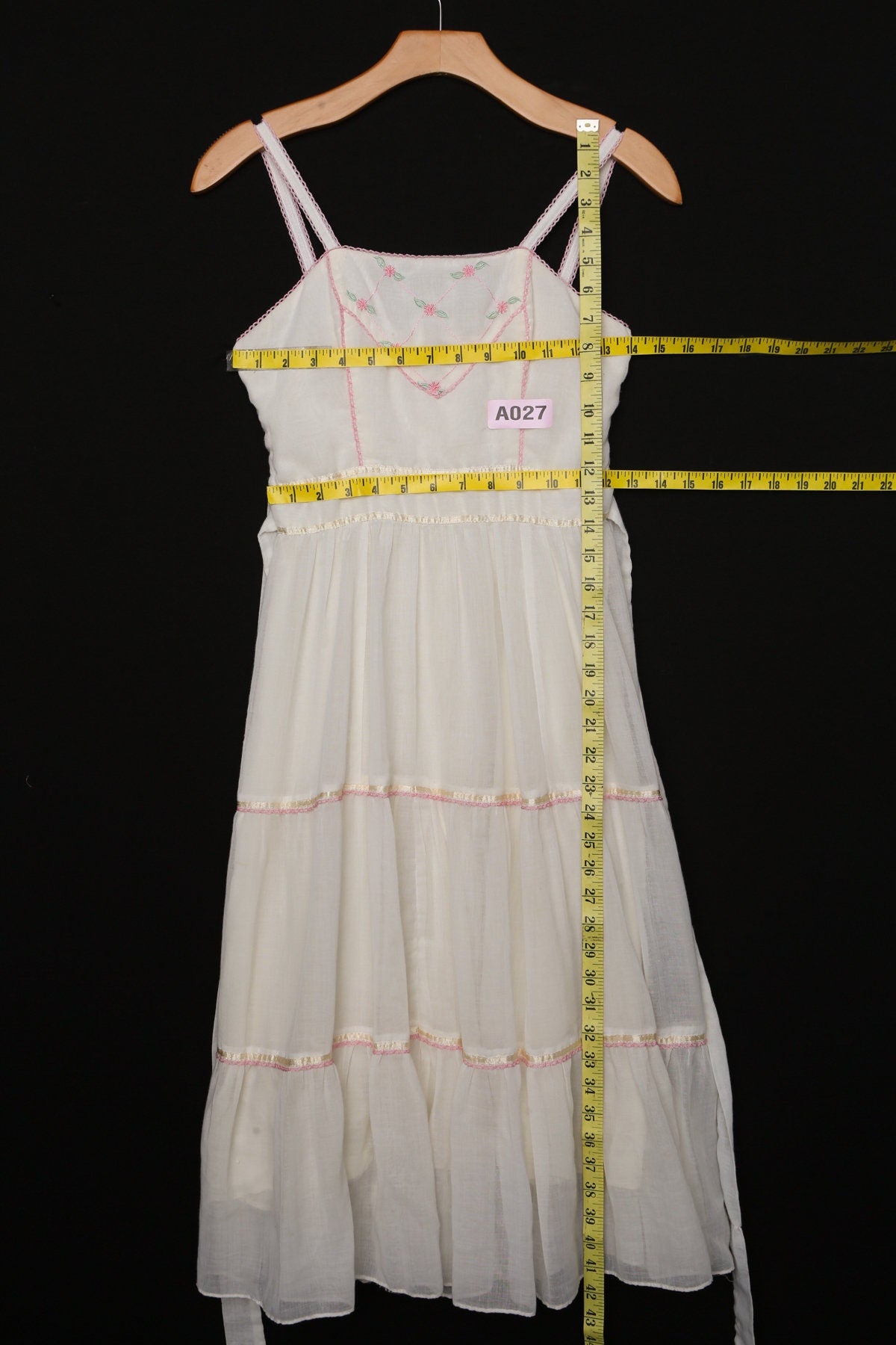 Vintage White 70s Strap Summer Dress with Small Embroidered Flower Details