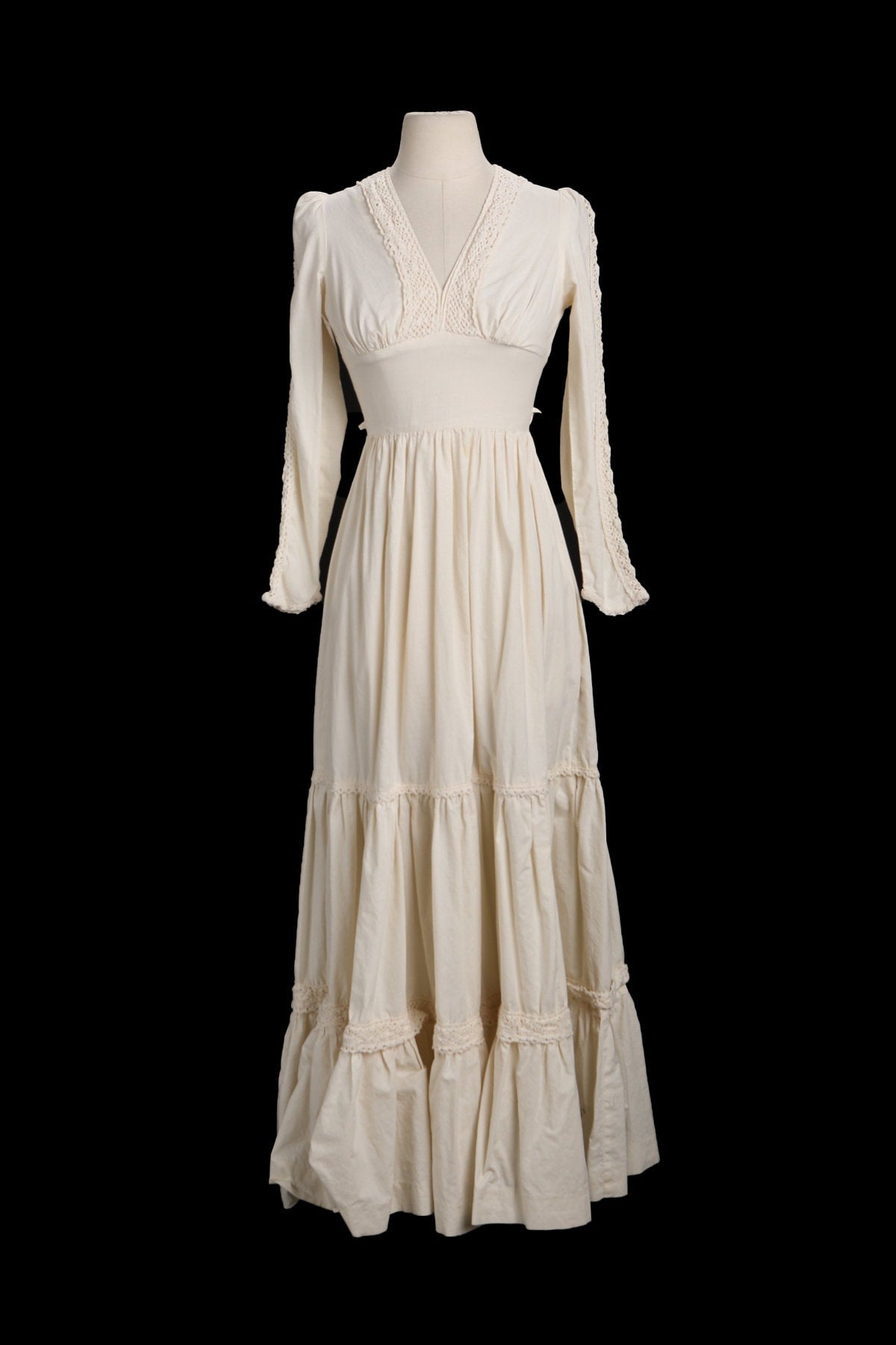 1970s White Long Sleeve Summer Prairie Dress