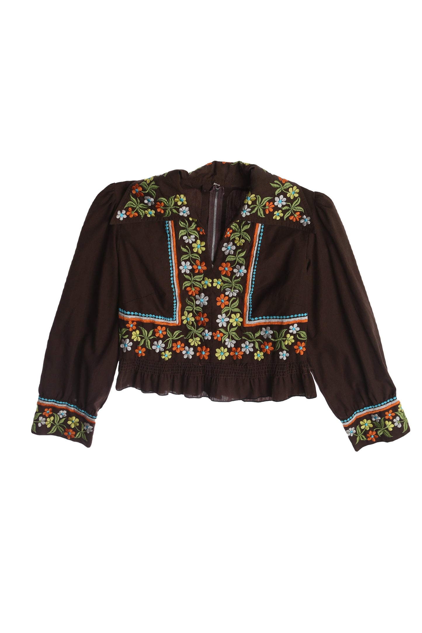 Women Brown Floral Embroidered Long Sleeve High Waist Summer Top