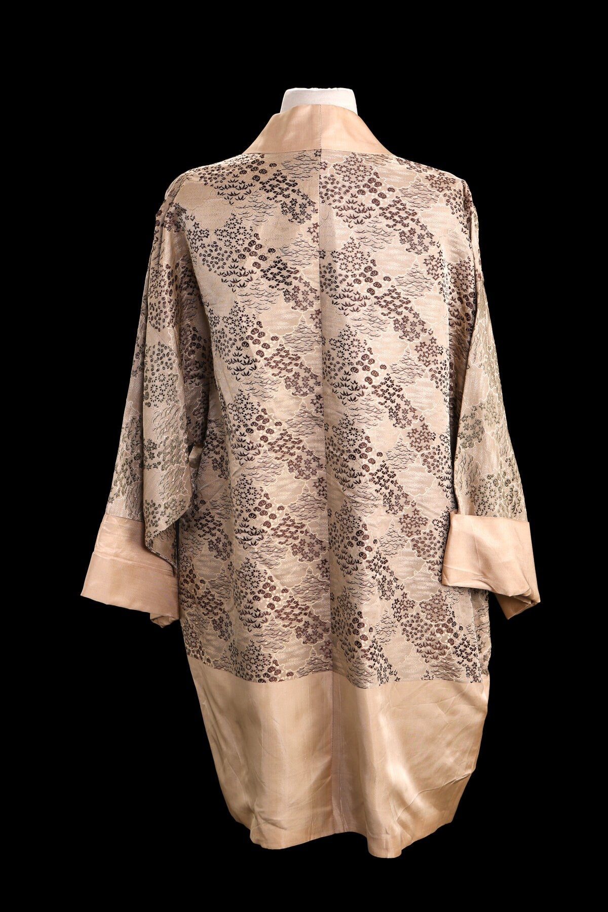 Vintage Brown Kimono Robe with Flower Pattern Details