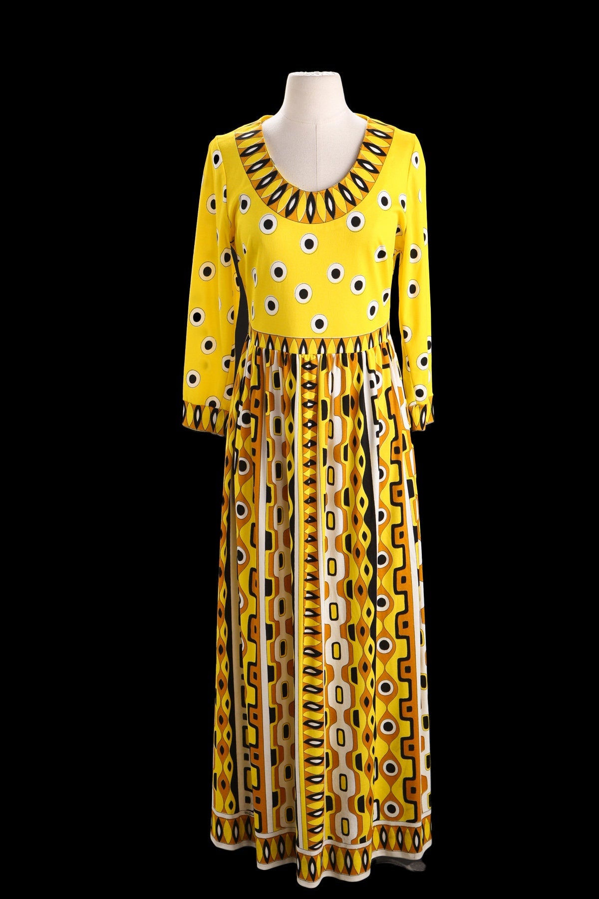 1970s Dress with Yellow Geometric Print Pattern