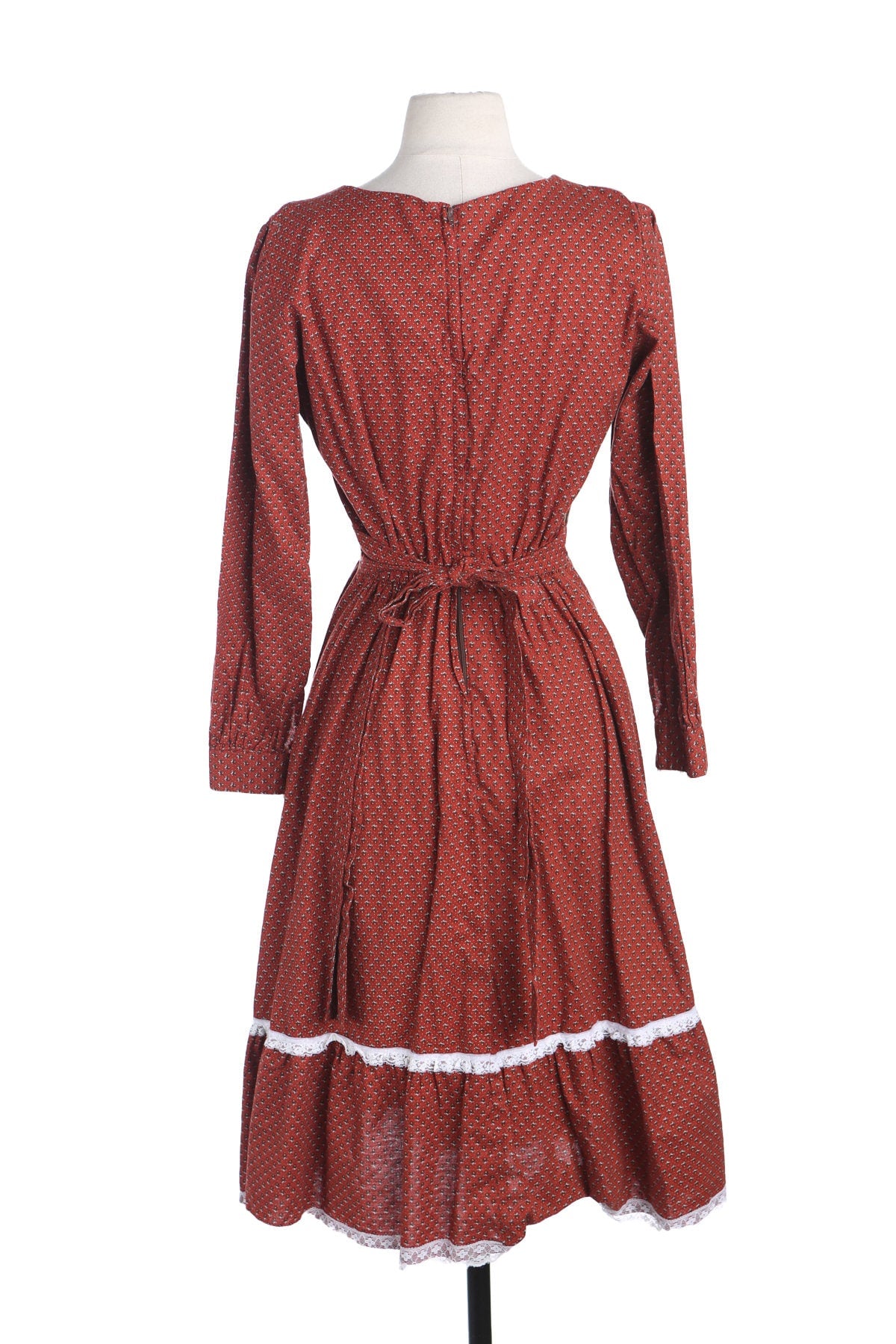 70s Women Prairie Dress - White Lace Collar Details