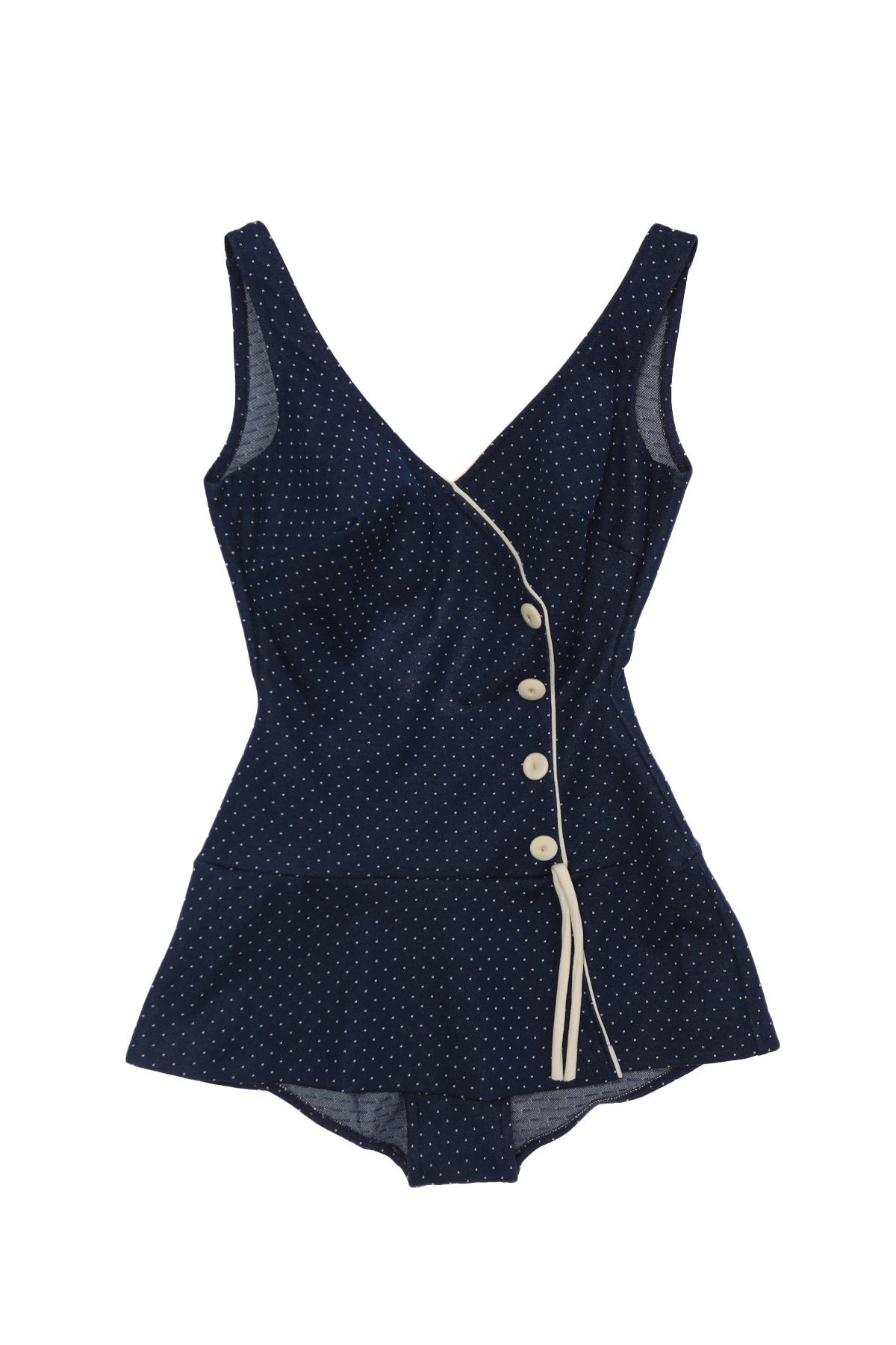 Women Blue Swimsuit with White Polka Dot Print - Era 1970s - 1980s