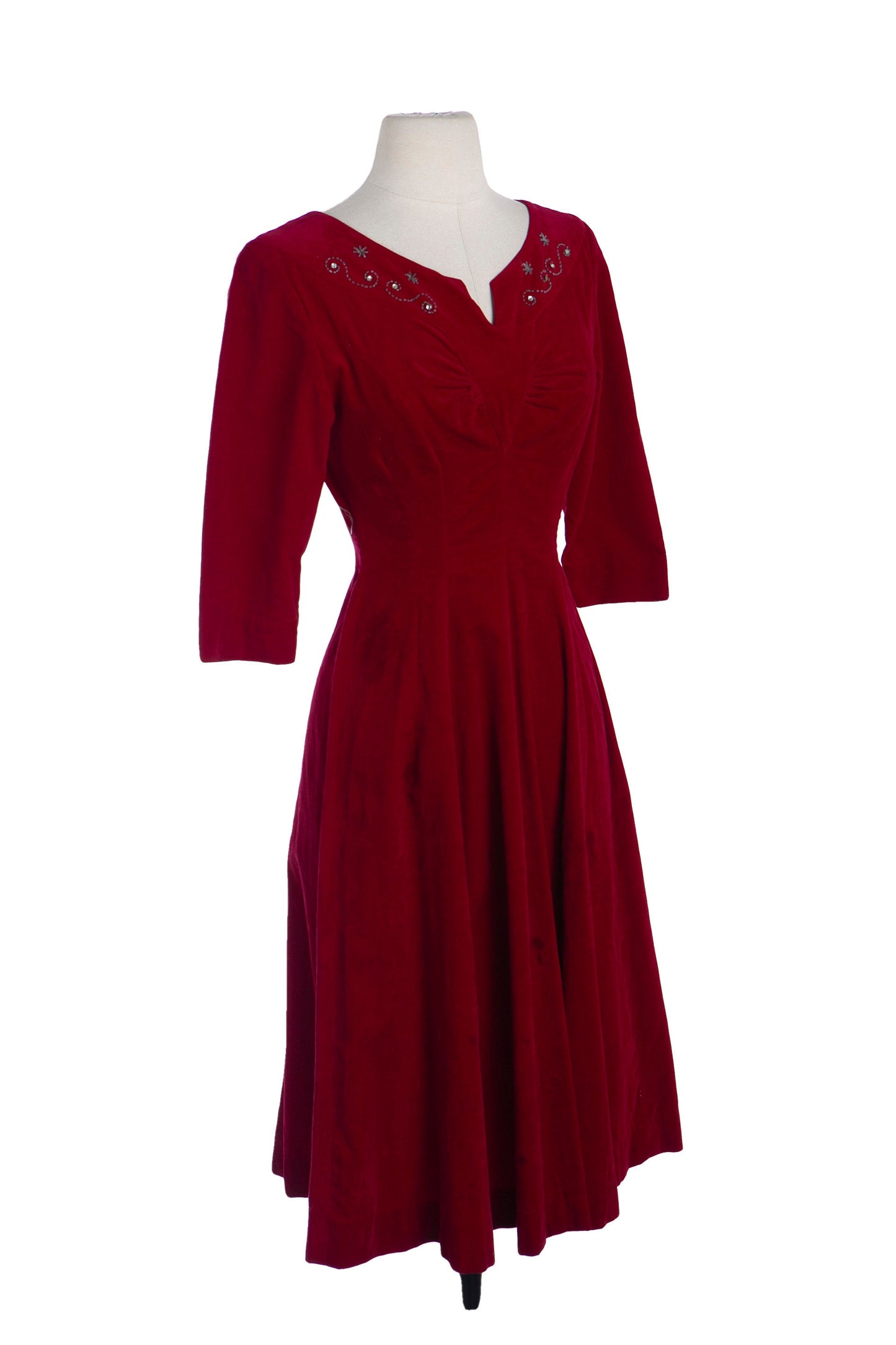 1940's Red Evening Dress with Embroidered Bead Details