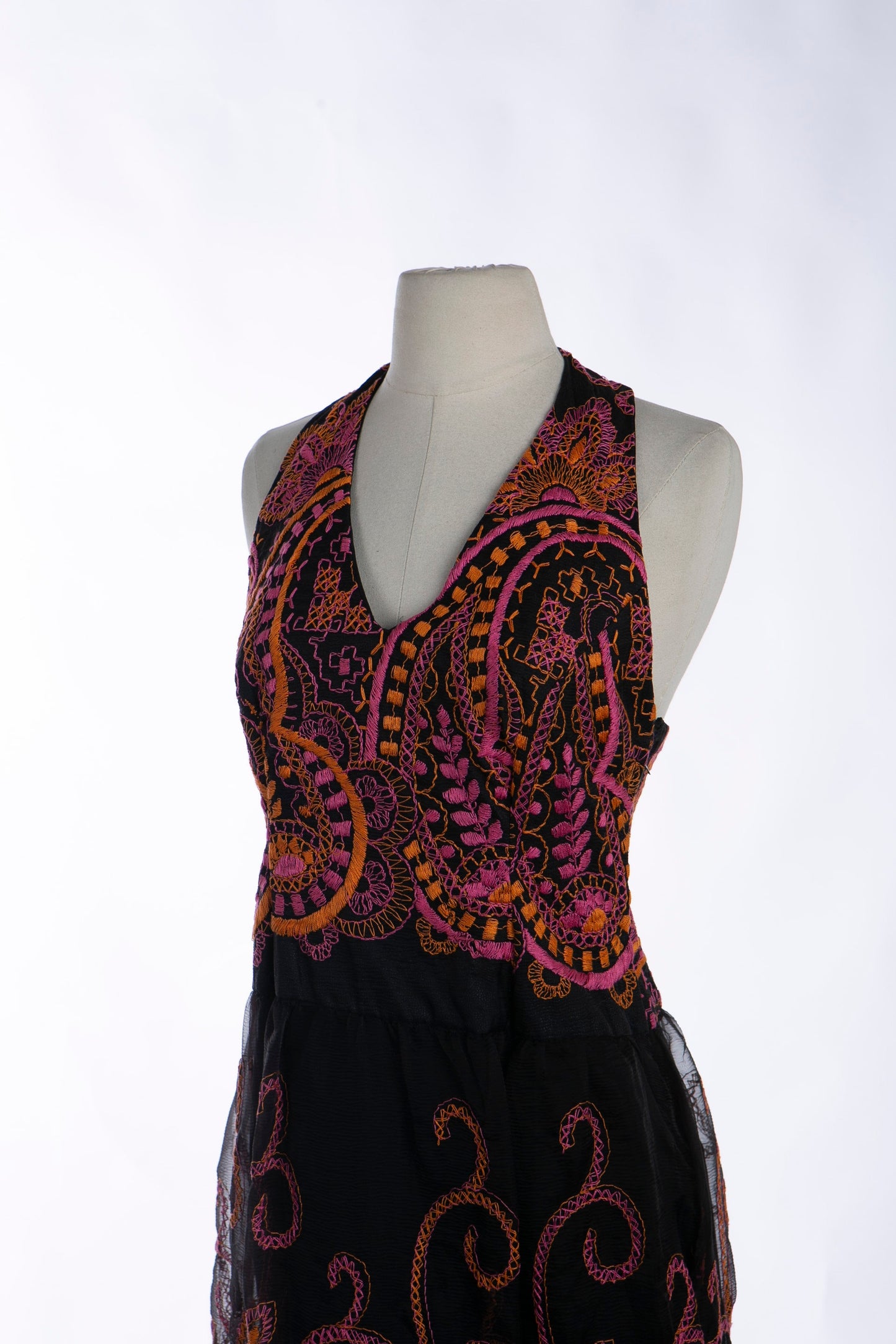 1970s Black Sheer Embroidered Long Halter Dress