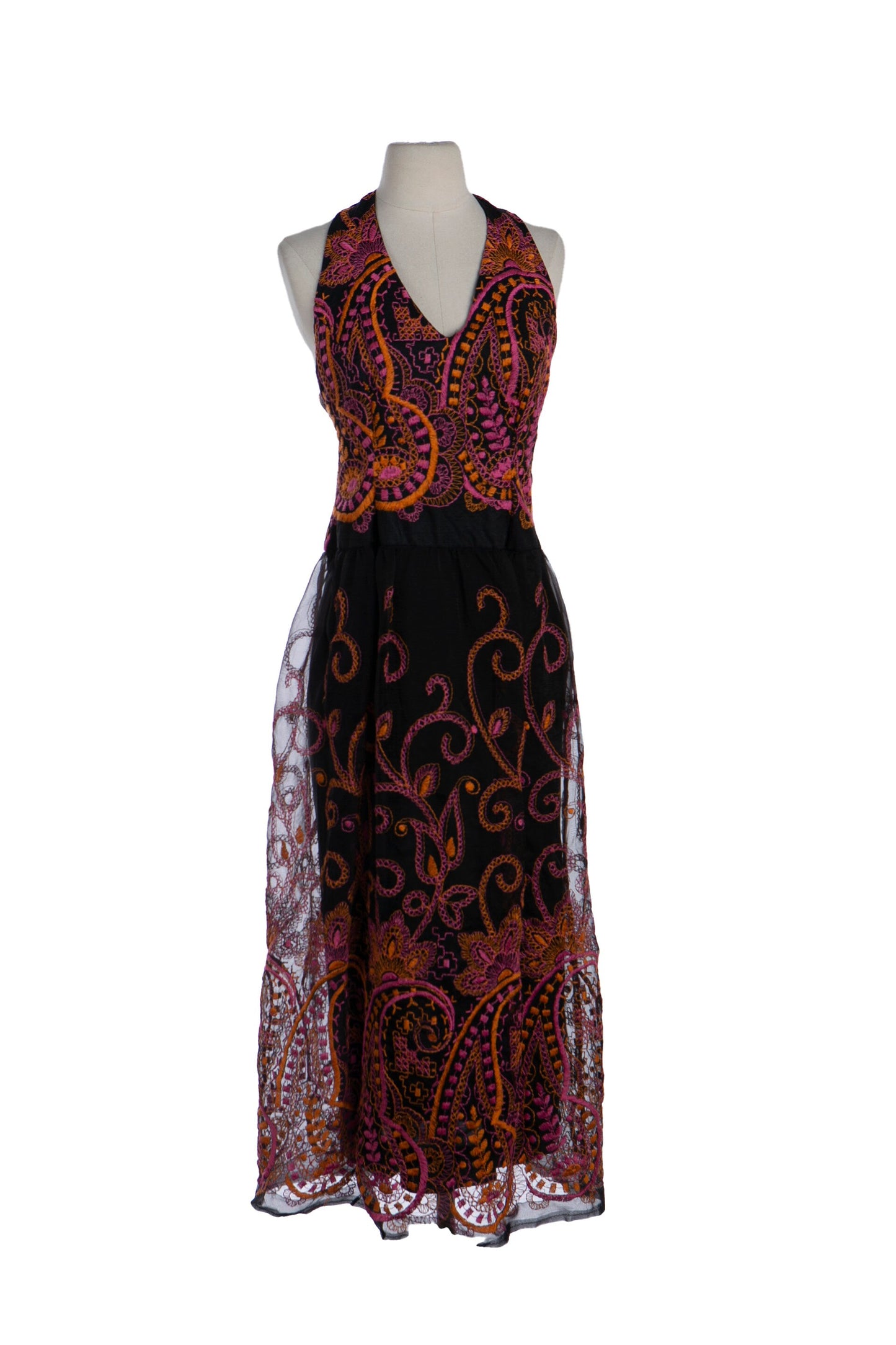 1970s Black Sheer Embroidered Long Halter Dress