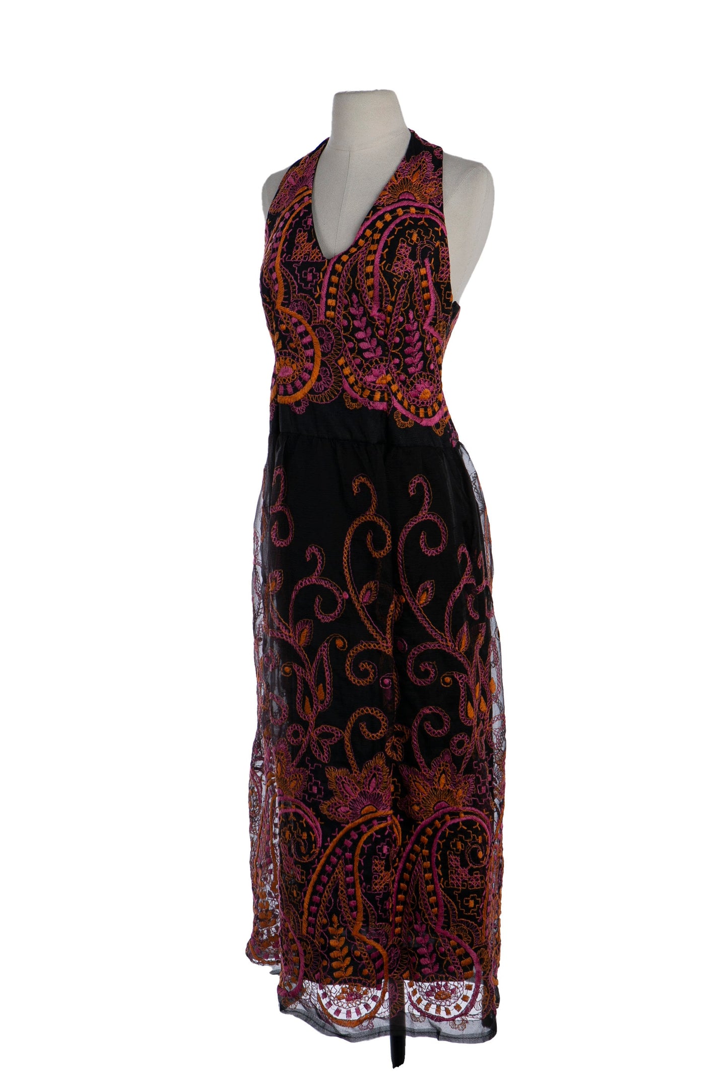 1970s Black Sheer Embroidered Long Halter Dress