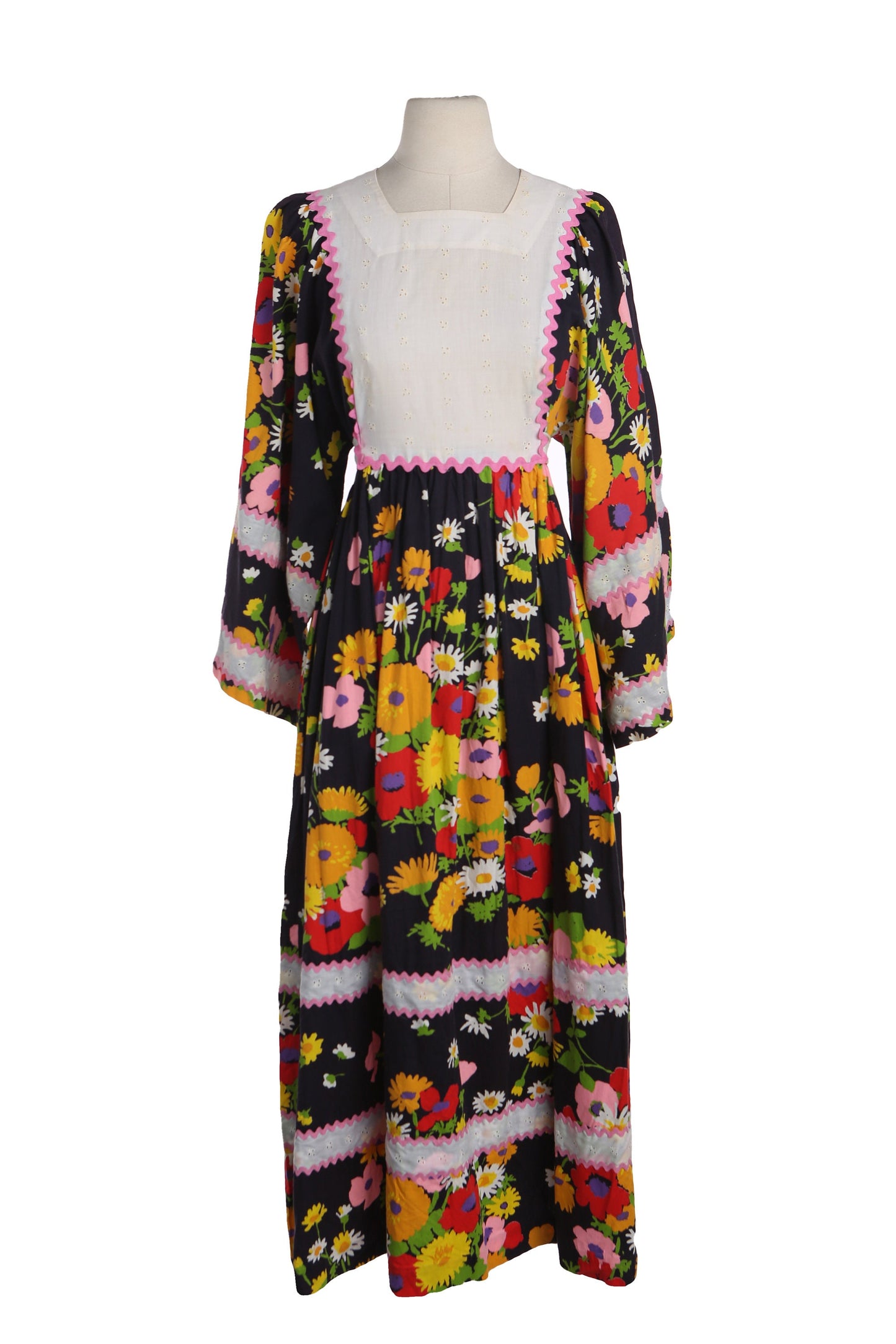 1970's Black Floral Print Summer Dress