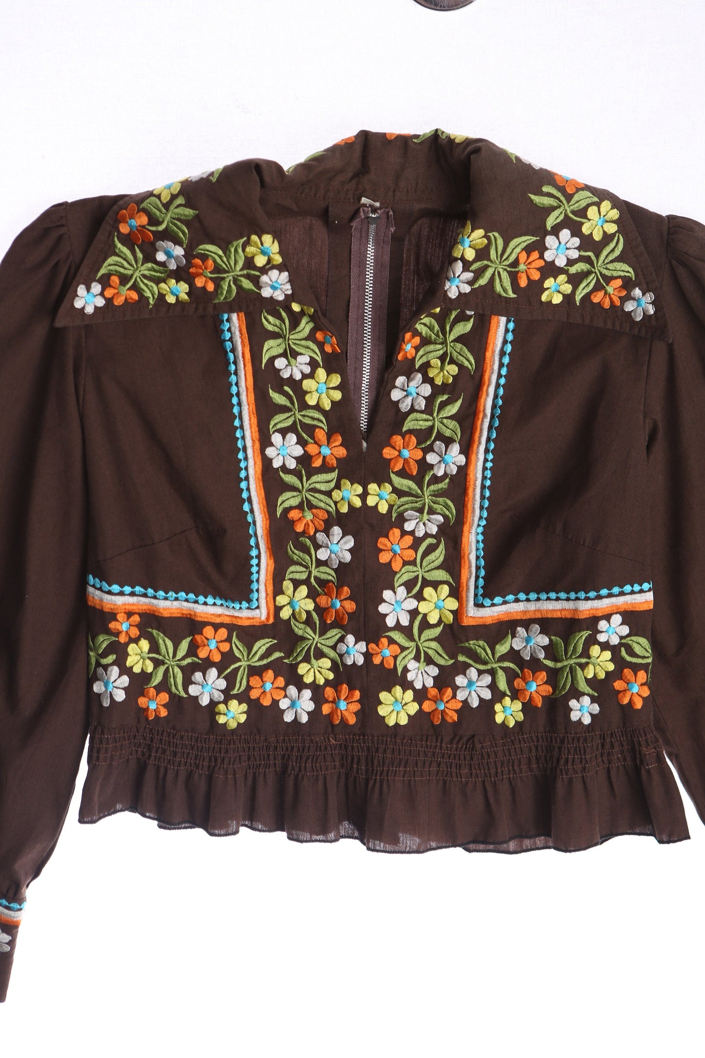 Women Brown Floral Embroidered Long Sleeve High Waist Summer Top