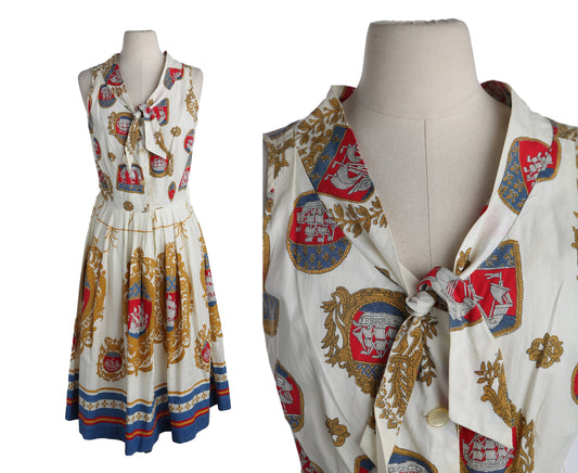1960's Women White Casual / Summer Sleeveless Dress with Nautical Fabric Print