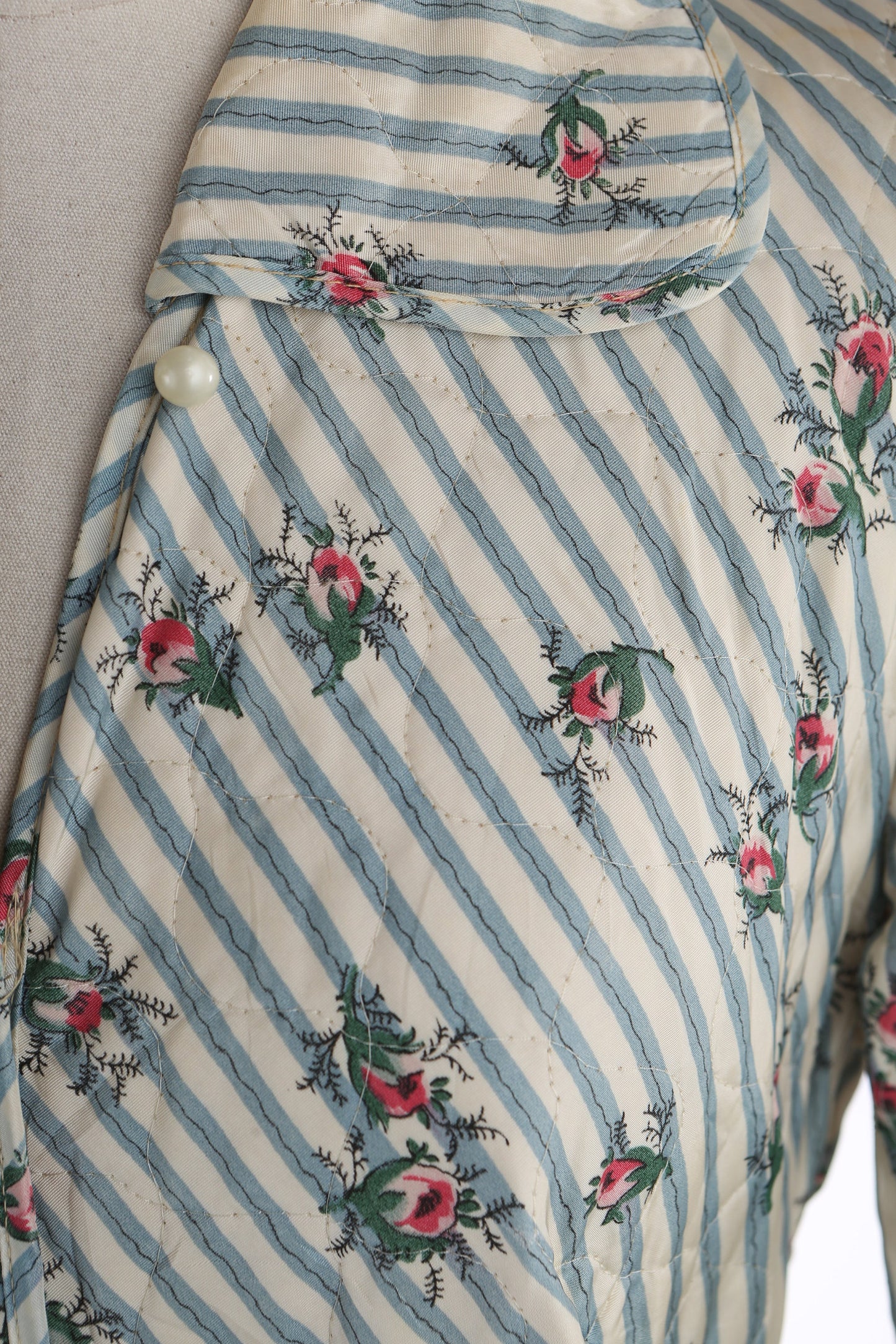 1940's White Floral Print Striped Long Dress