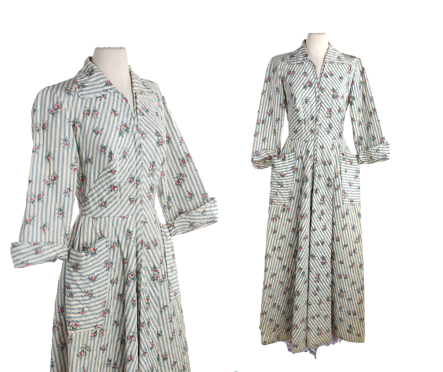 1940's White Floral Print Striped Long Dress