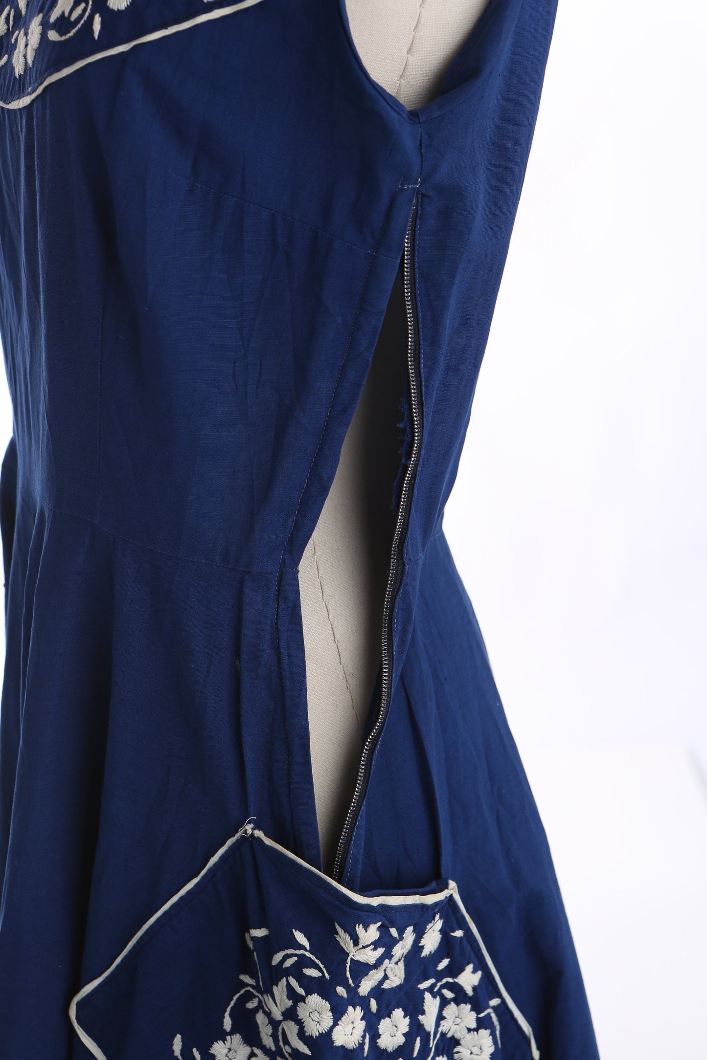 Vintage Mexican Blue Embroidered Floral Dress - Made in Guadalajara Jalisco Mexico by Rebecca