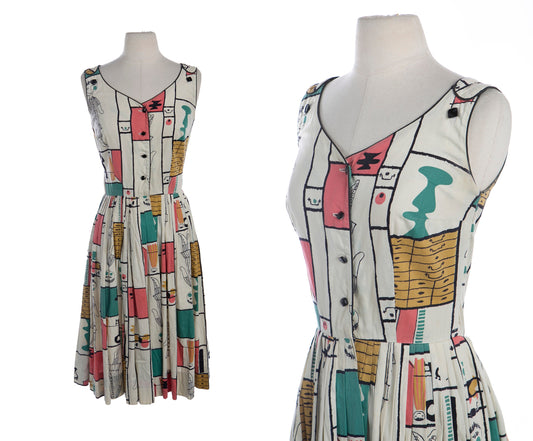 1950s Women Cotton Casual Dress with Geometric Print
