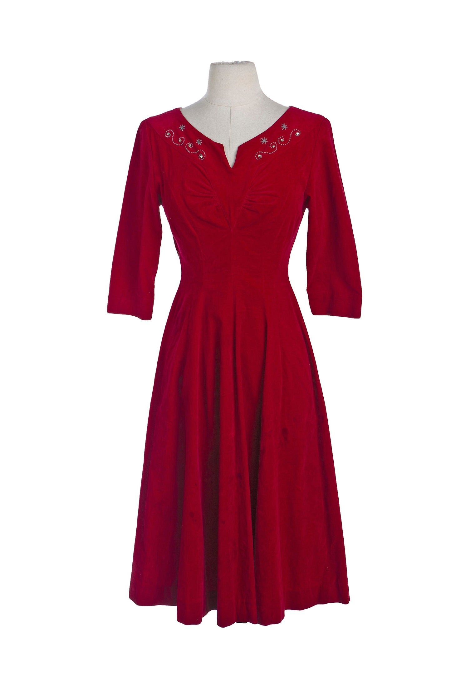1940's Red Evening Dress with Embroidered Bead Details