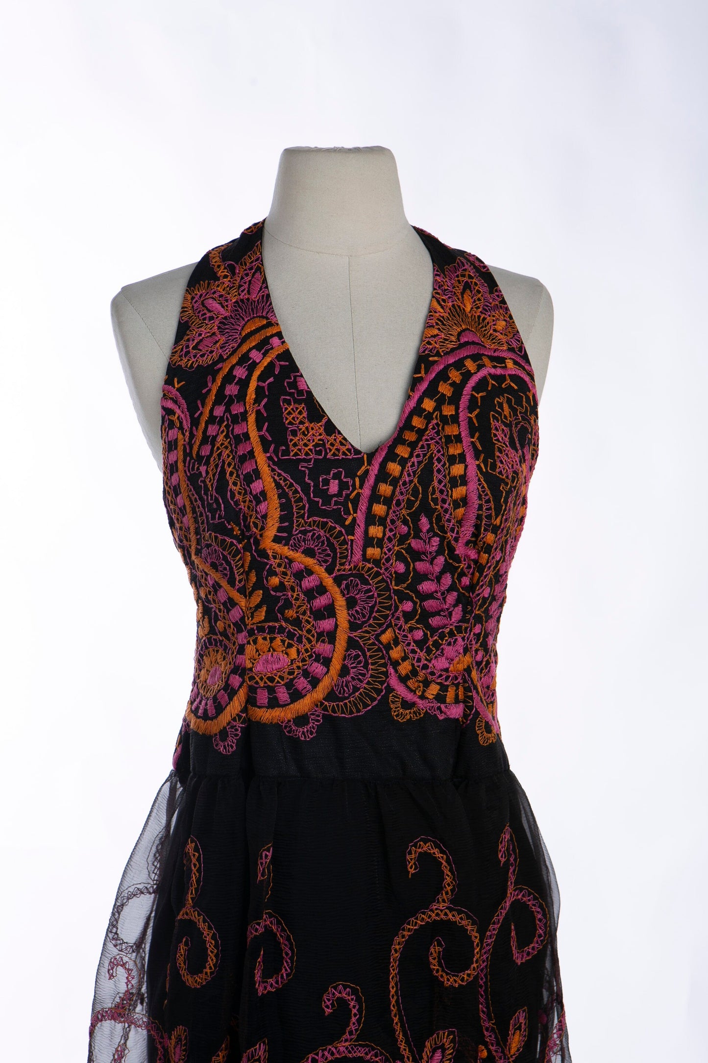 1970s Black Sheer Embroidered Long Halter Dress