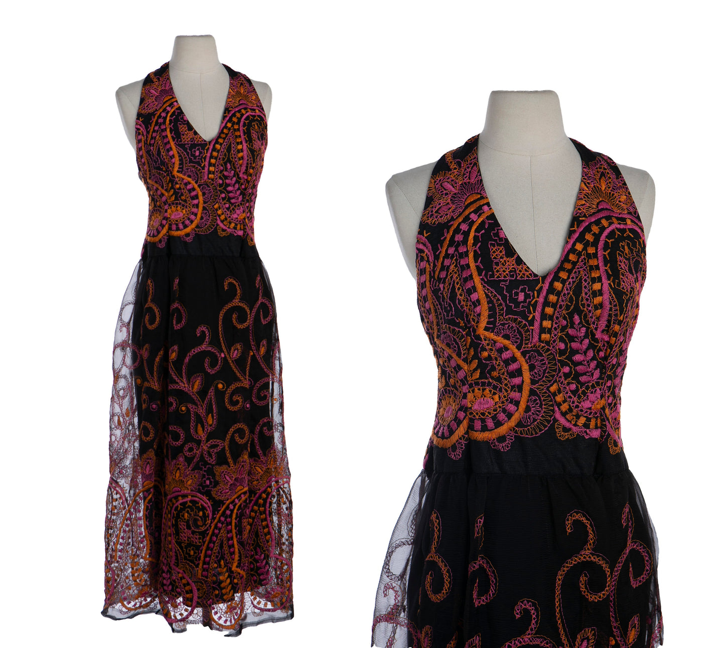 1970s Black Sheer Embroidered Long Halter Dress