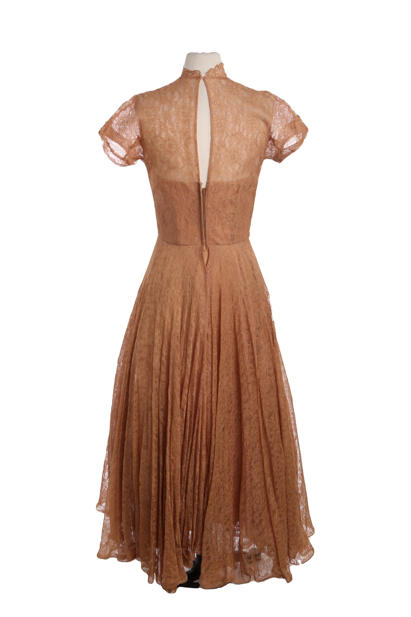 Vintage Brown Lace Dress - Floral Fabric Design - Era 1940's - 1950's