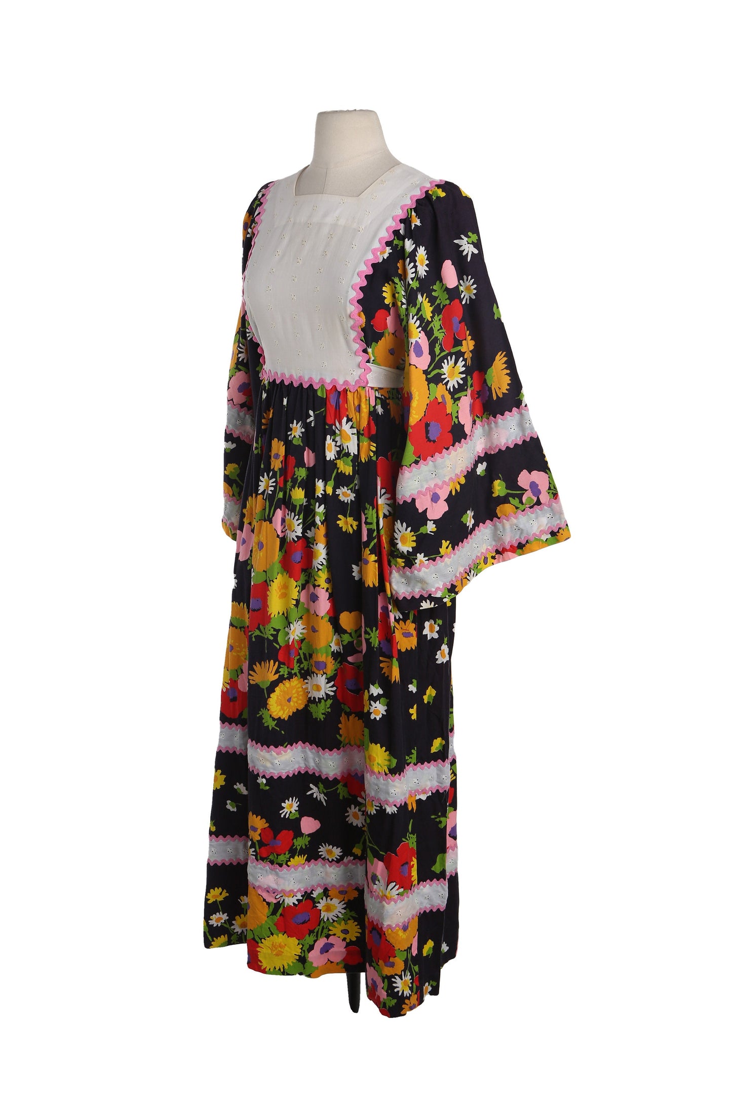 1970's Black Floral Print Summer Dress