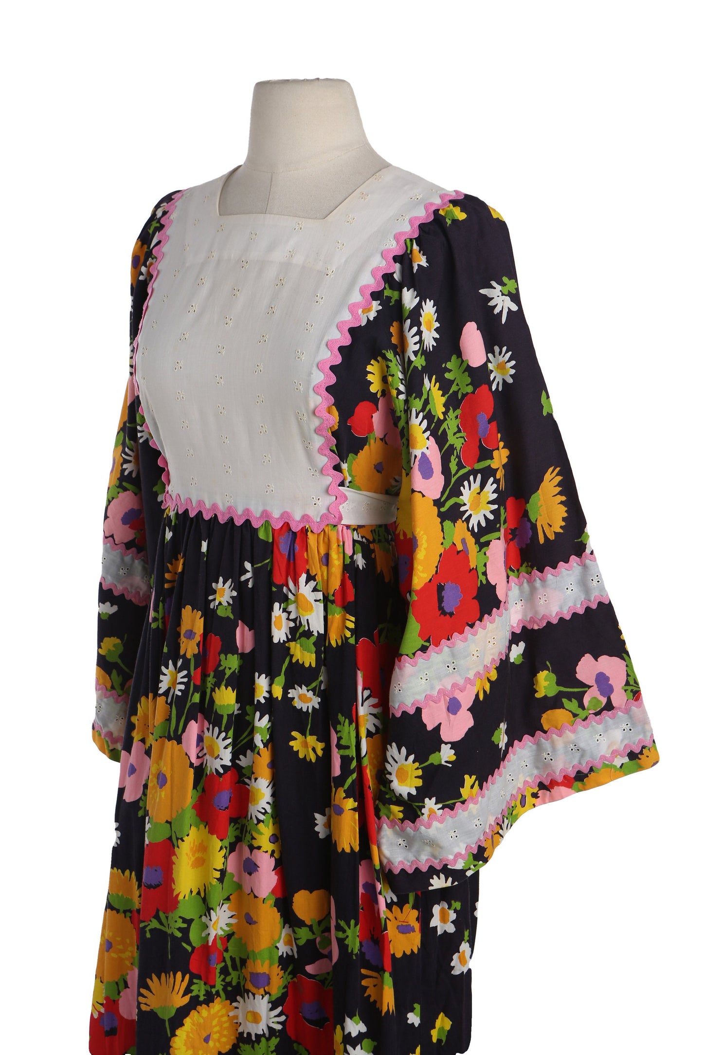 1970's Black Floral Print Summer Dress