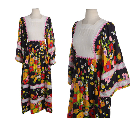 1970's Black Floral Print Summer Dress