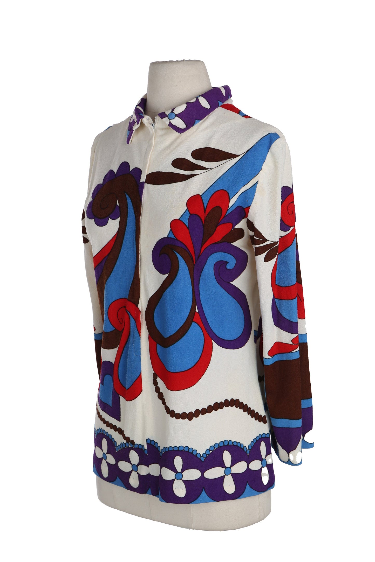 1970's Women White Floral Print Poly Top