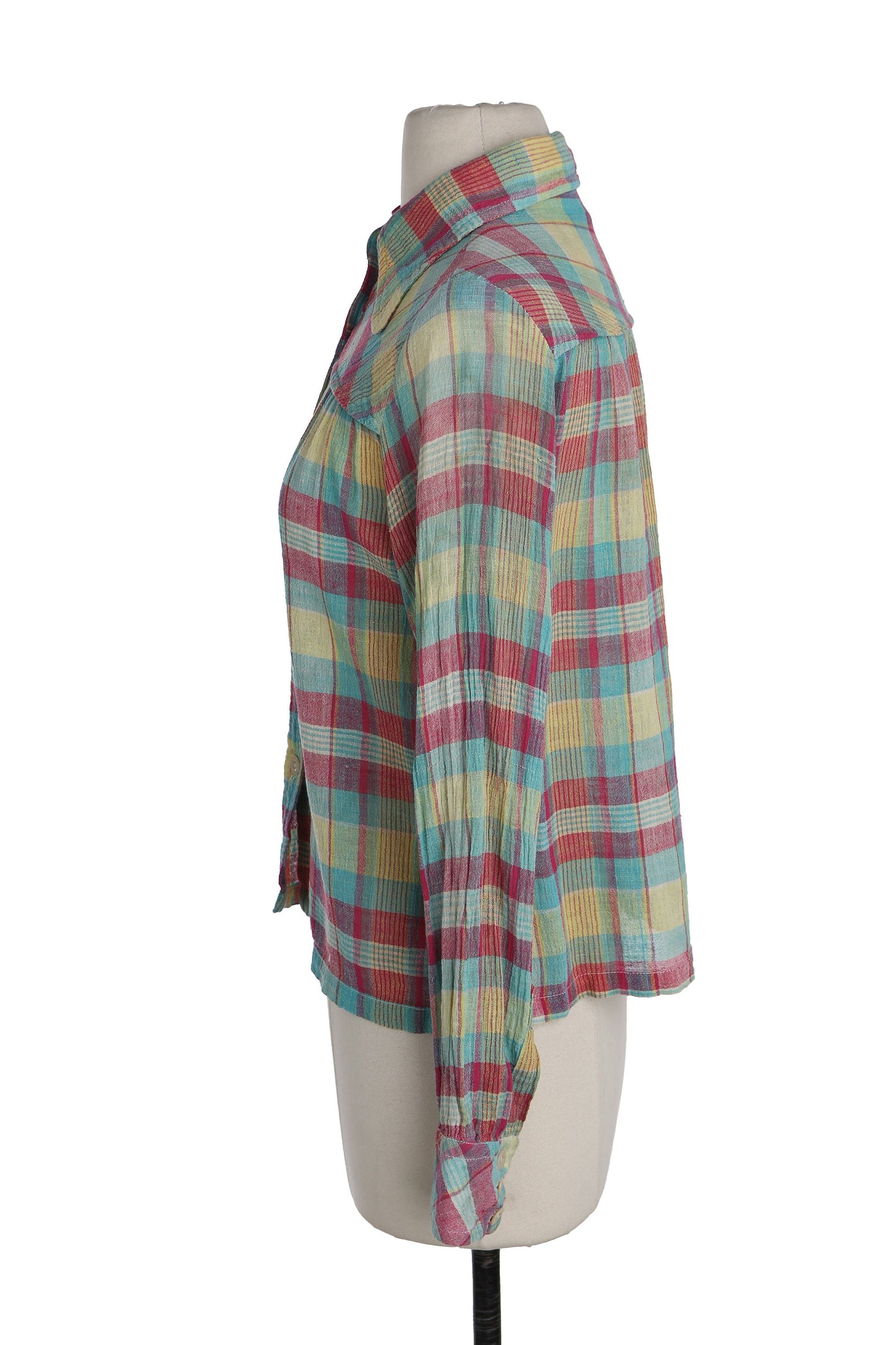 1970's Women Plaid Green Button Up Top