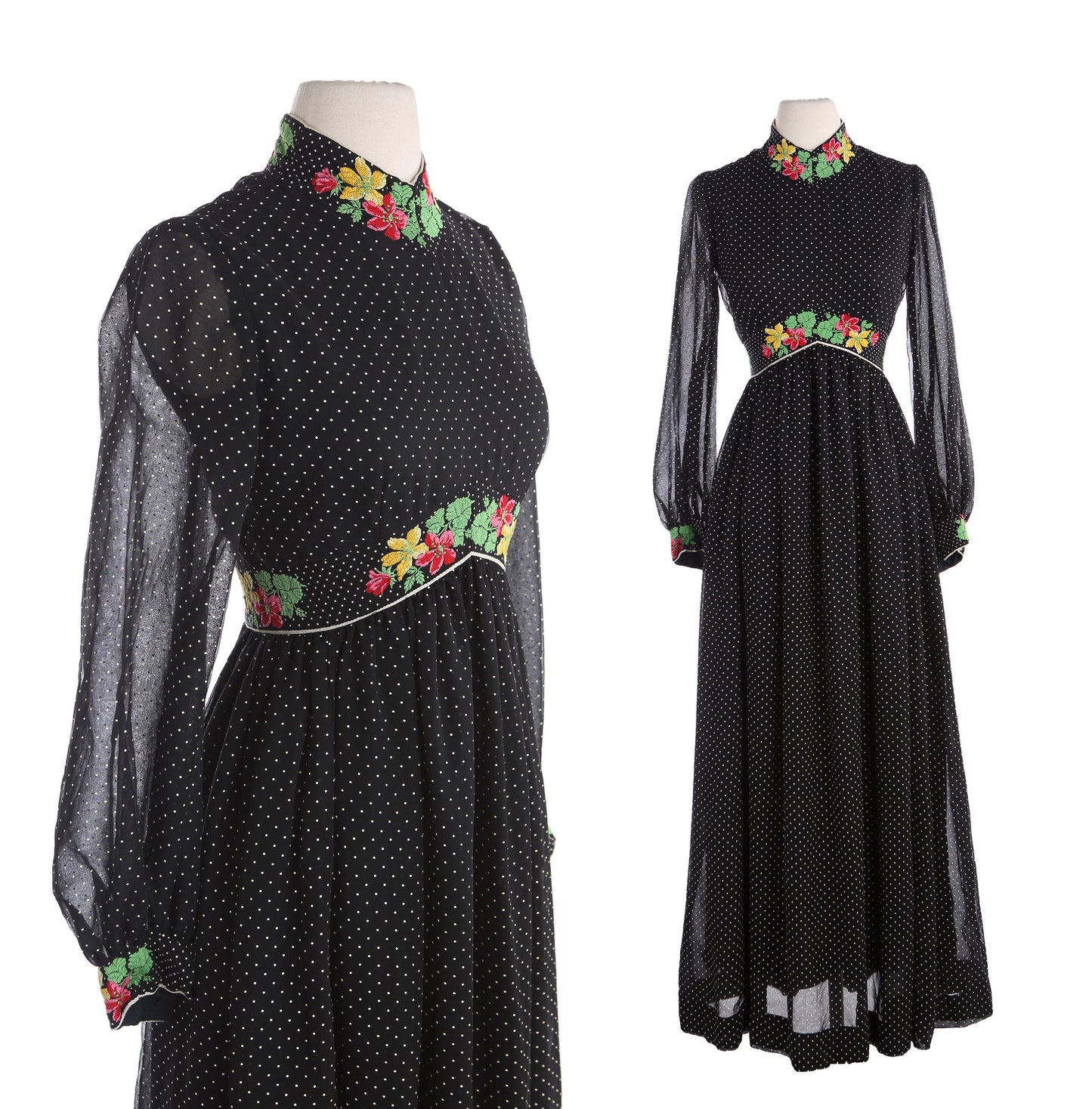 1970's Black Polka Dot Long Casual Dress