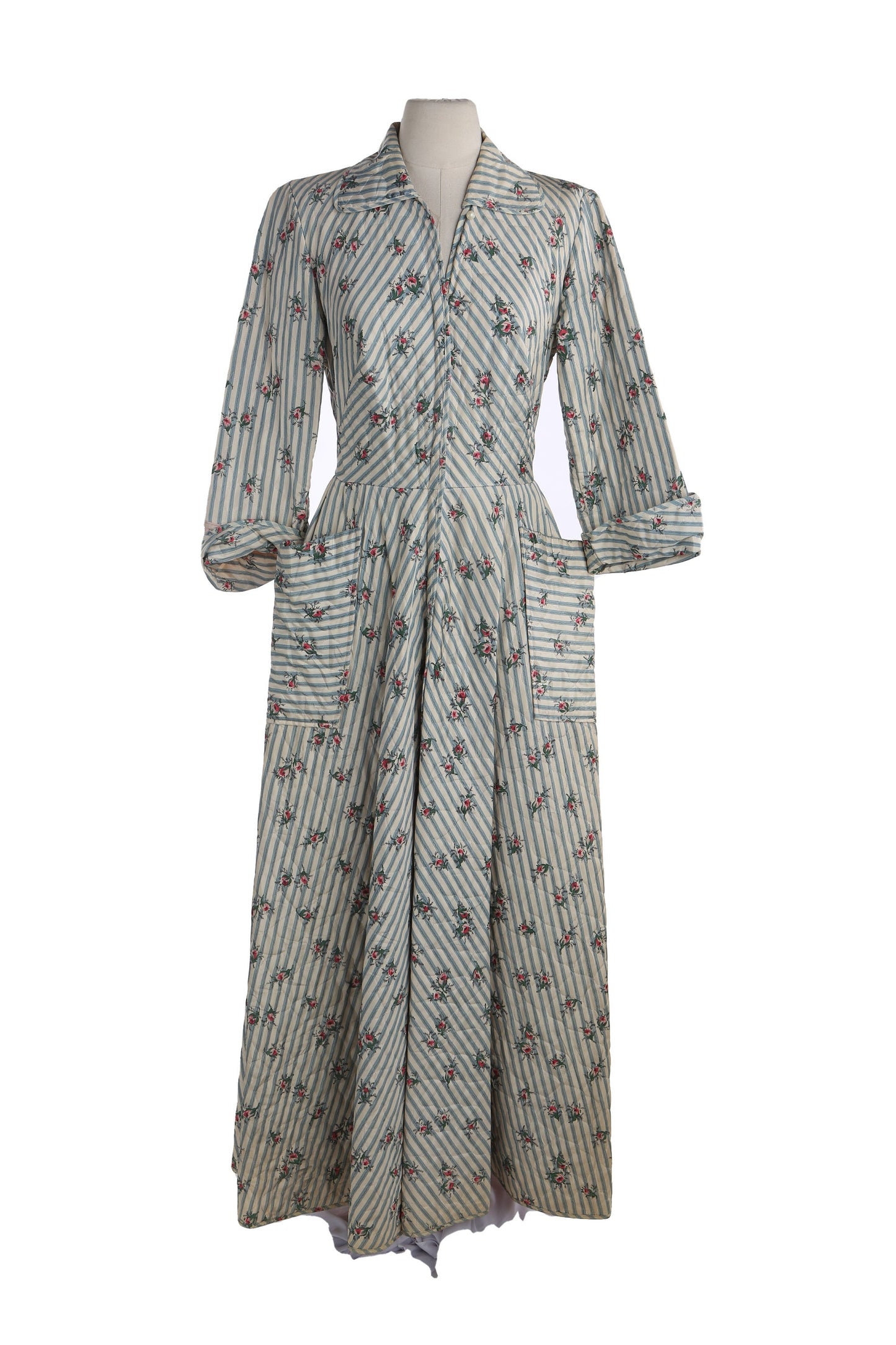 1940's White Floral Print Striped Long Dress