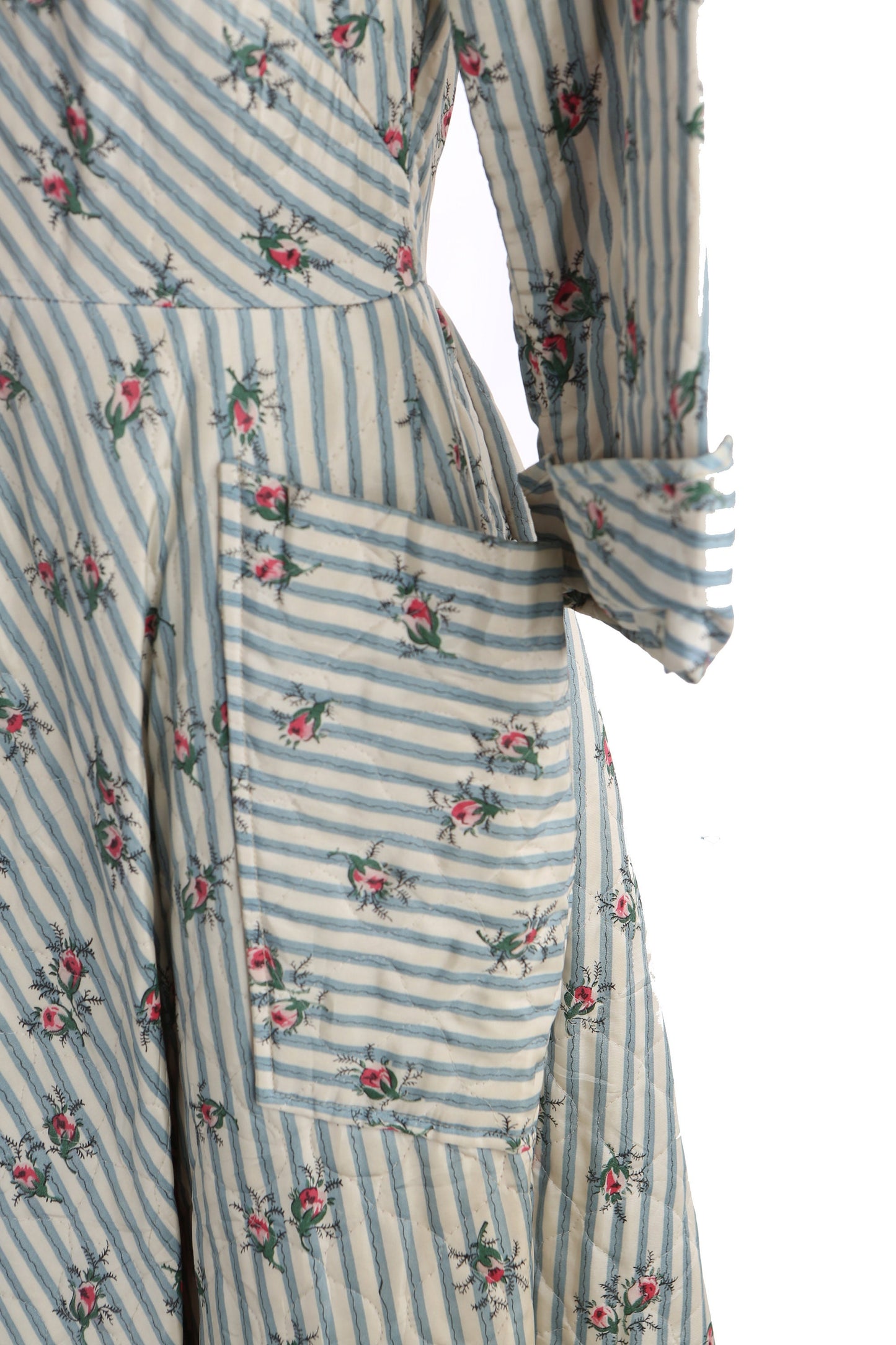 1940's White Floral Print Striped Long Dress