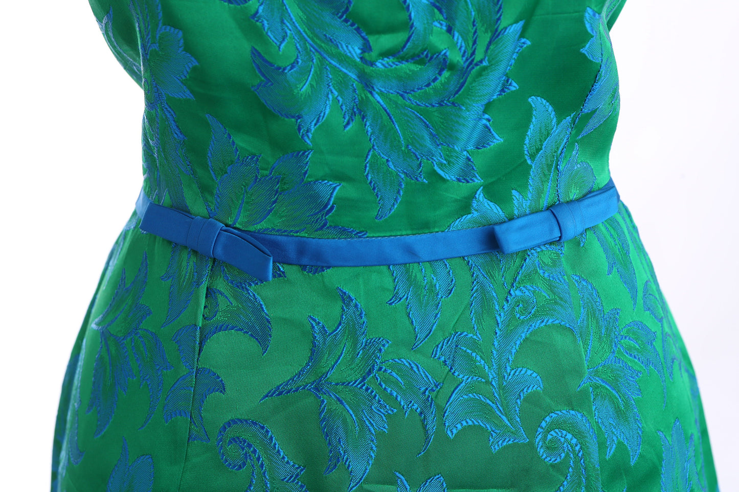 Vintage Lilli Diamond Green Evening Dress with Blue Leaves Fabric Pattern