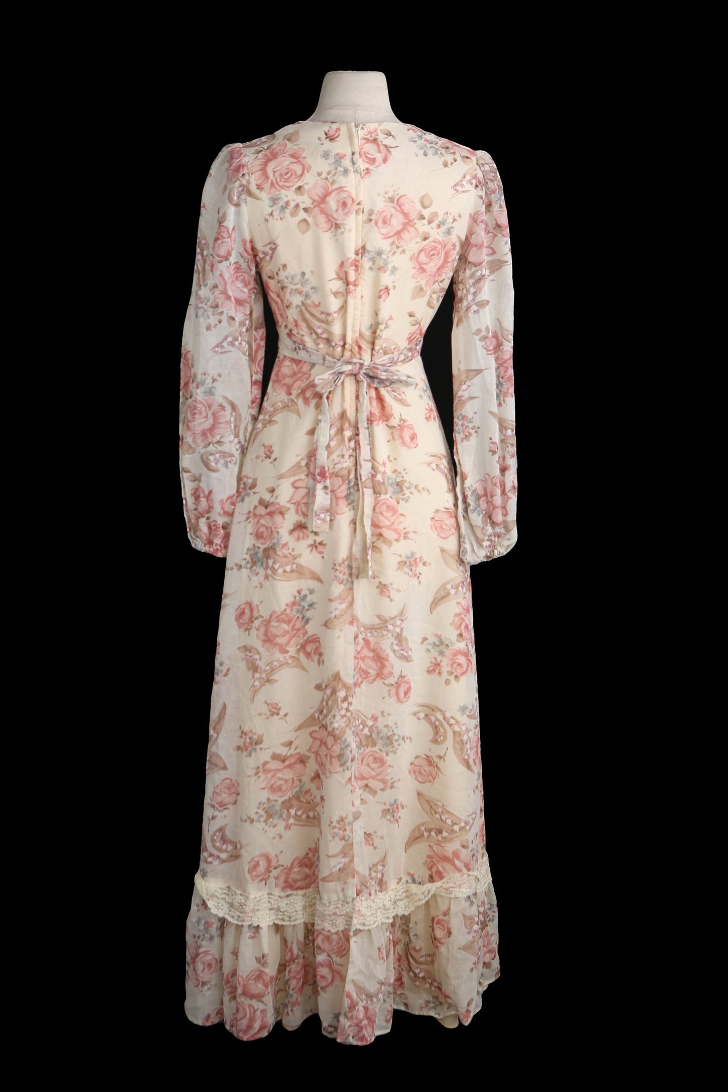 1970's Women's Floral Print Beige Long Prairie Summer Dress