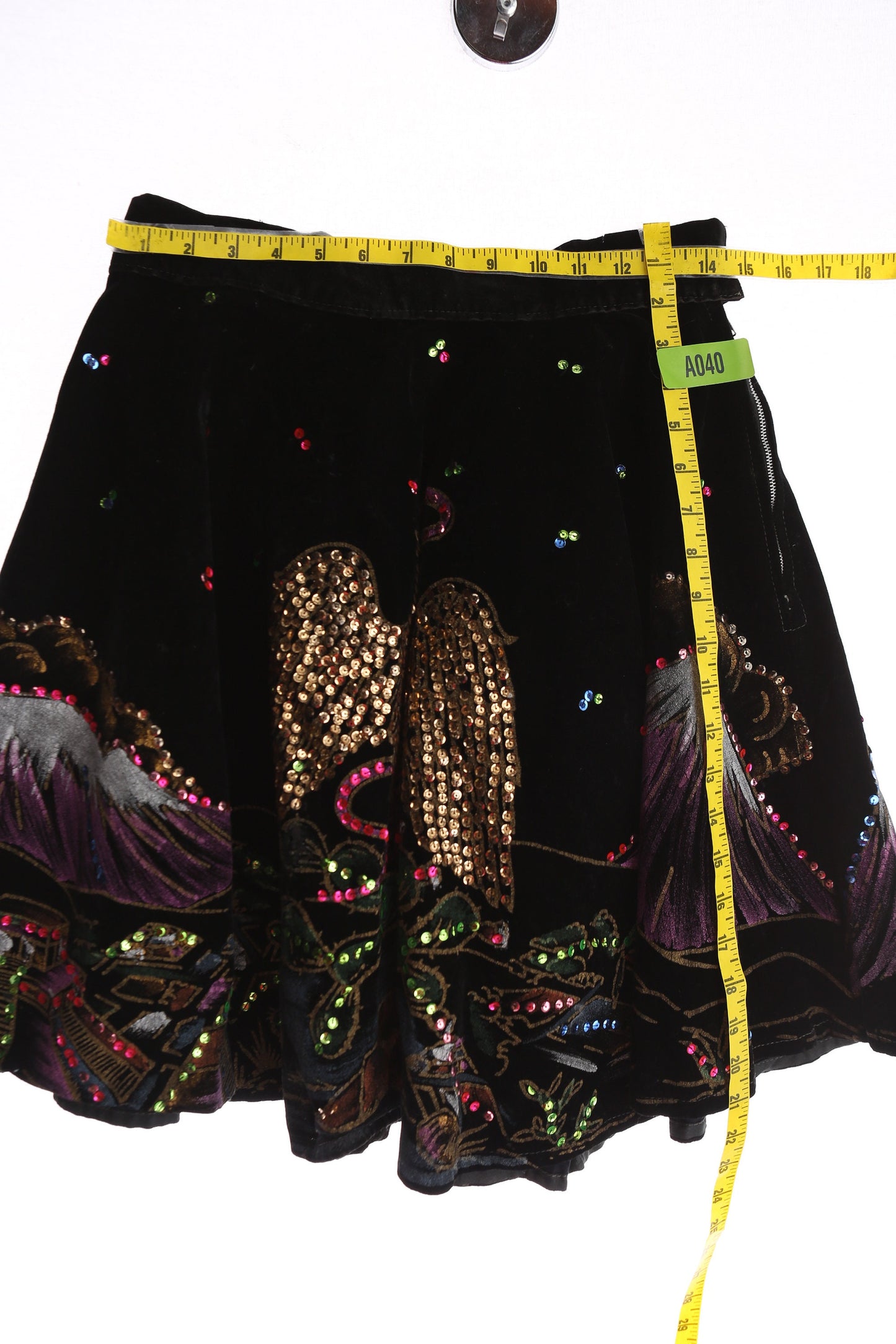 Vintage Mexican Skirt - Black Hand Painted Golden Sequin Eagle - Era 1940s - 1950s