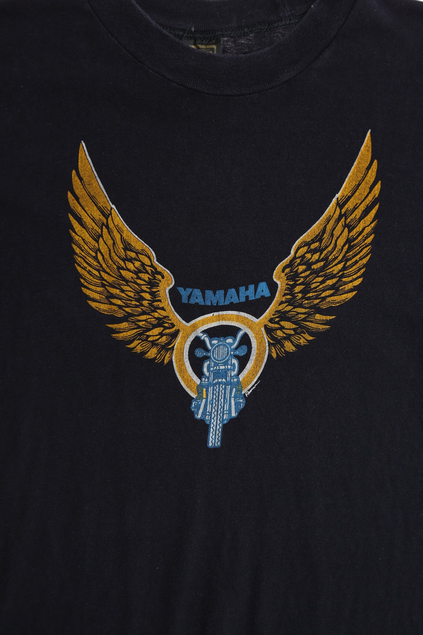 Yamaha Motorcycle with Yellow Wings Vintage Black Graphic T-shirt - Era 1980s - 1990s