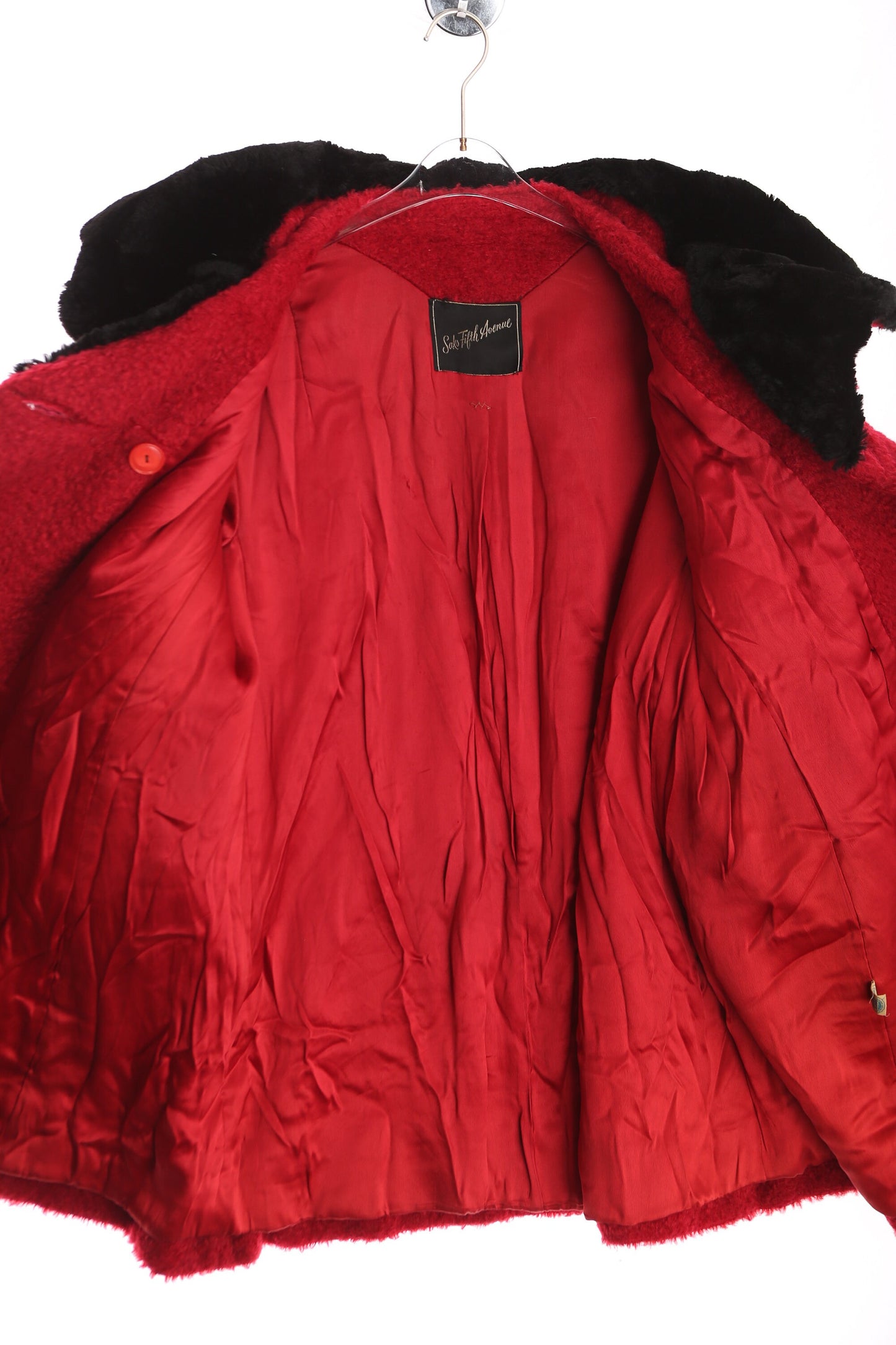 Vintage Women Red Winter Coat with Black Faux Fur Collar - Era 1950's 1960's