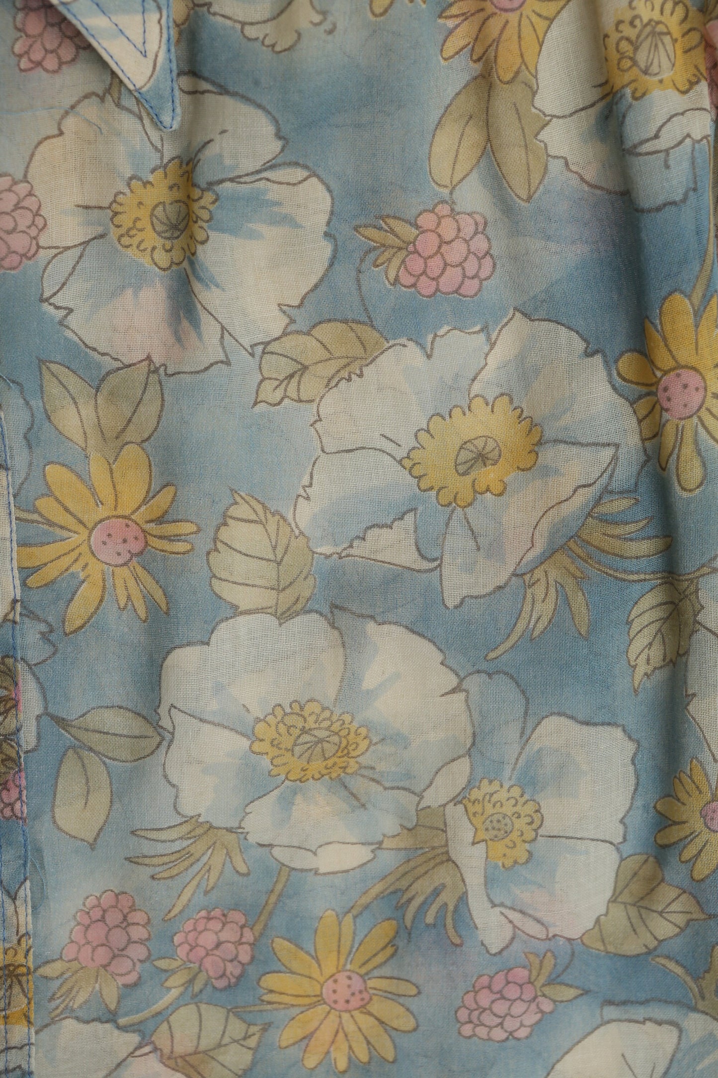 1970's Women Floral Print Blue Summer Blouse