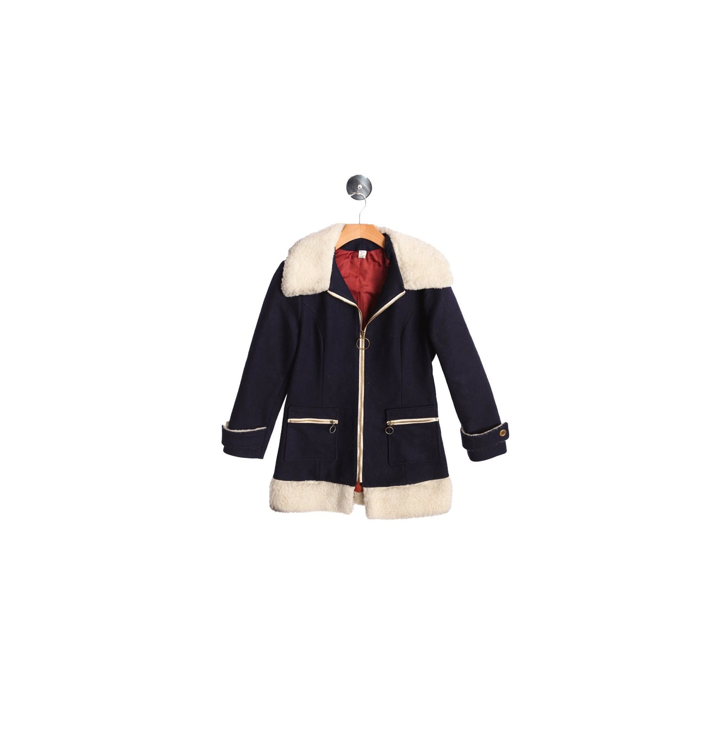 Women Blue White Shaer Collar Winter Coat