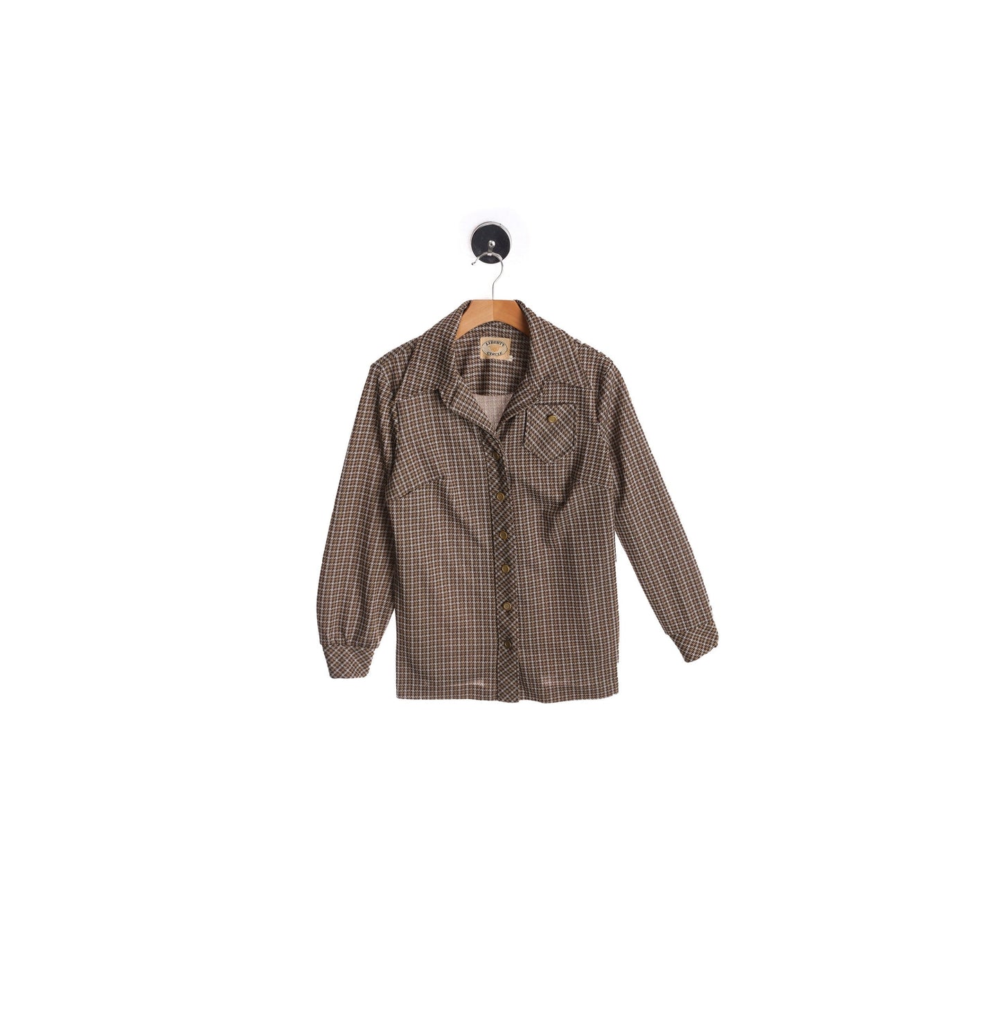 women 70's Browm Plaid Poly Casual Top