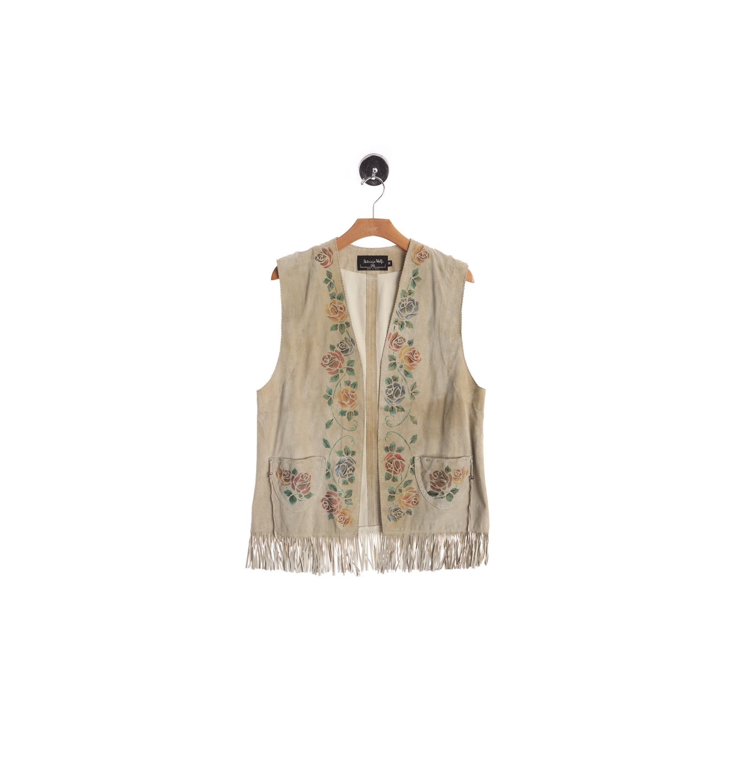 Women Beige Suede Fringed Vest with Roses Print