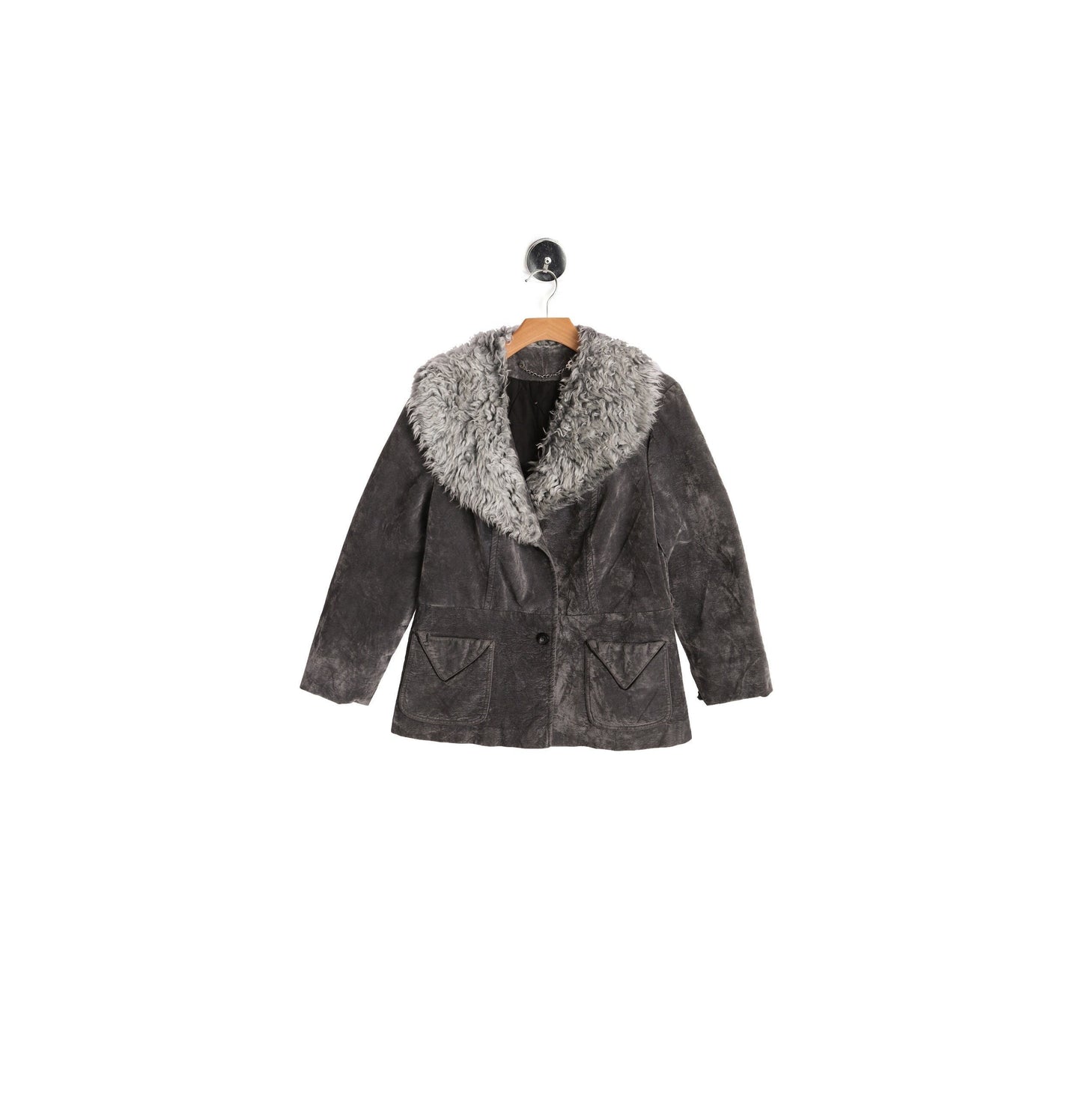 Women Gray Faux Fur Collar Velvet Blazer
